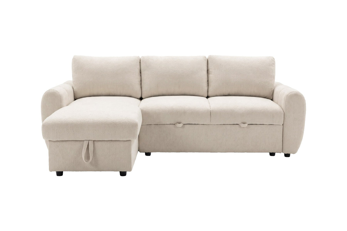 Beige Bettsofa Teo von Venture Home mit Polyesterbezug, Eukalyptusanteil und schwarzen Beinen, im aufgeklappten Zustand als Bett gezeigt.