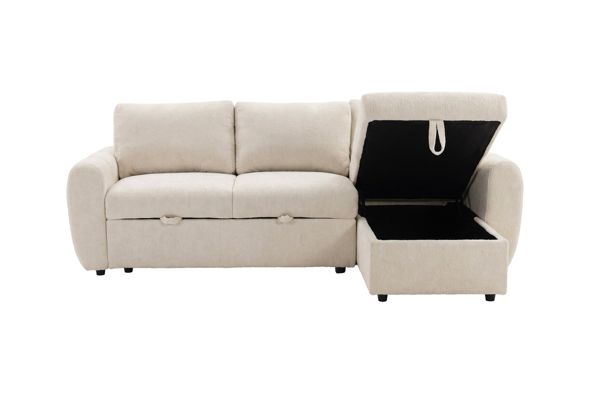 Beige Bettsofa Teo von Venture Home mit Polyesterbezug, Eukalyptusanteil und schwarzen Beinen, im aufgeklappten Zustand als Bett gezeigt.
