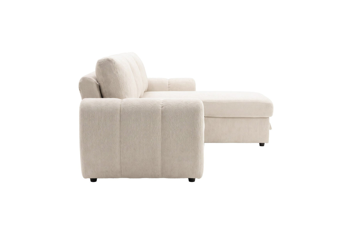 Beige Bettsofa Teo von Venture Home mit Polyesterbezug, Eukalyptusanteil und schwarzen Beinen, im aufgeklappten Zustand als Bett gezeigt.