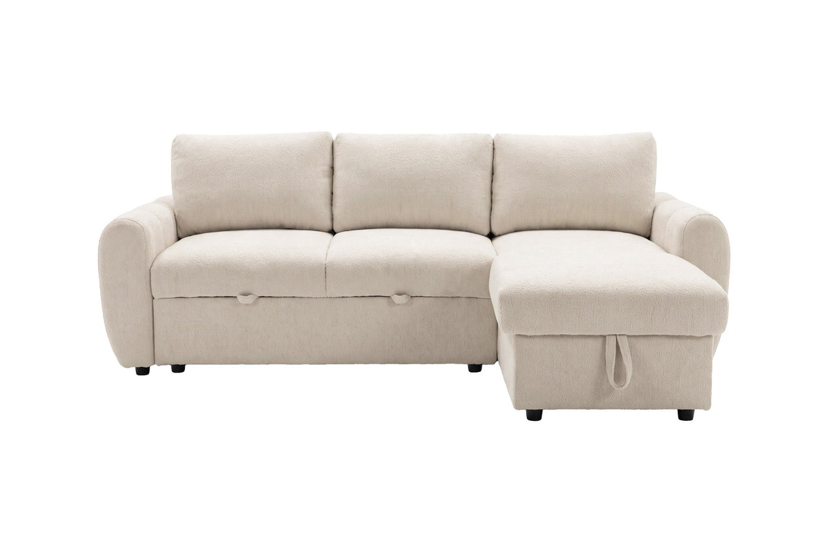 Beige Bettsofa Teo von Venture Home mit Polyesterbezug, Eukalyptusanteil und schwarzen Beinen, im aufgeklappten Zustand als Bett gezeigt.
