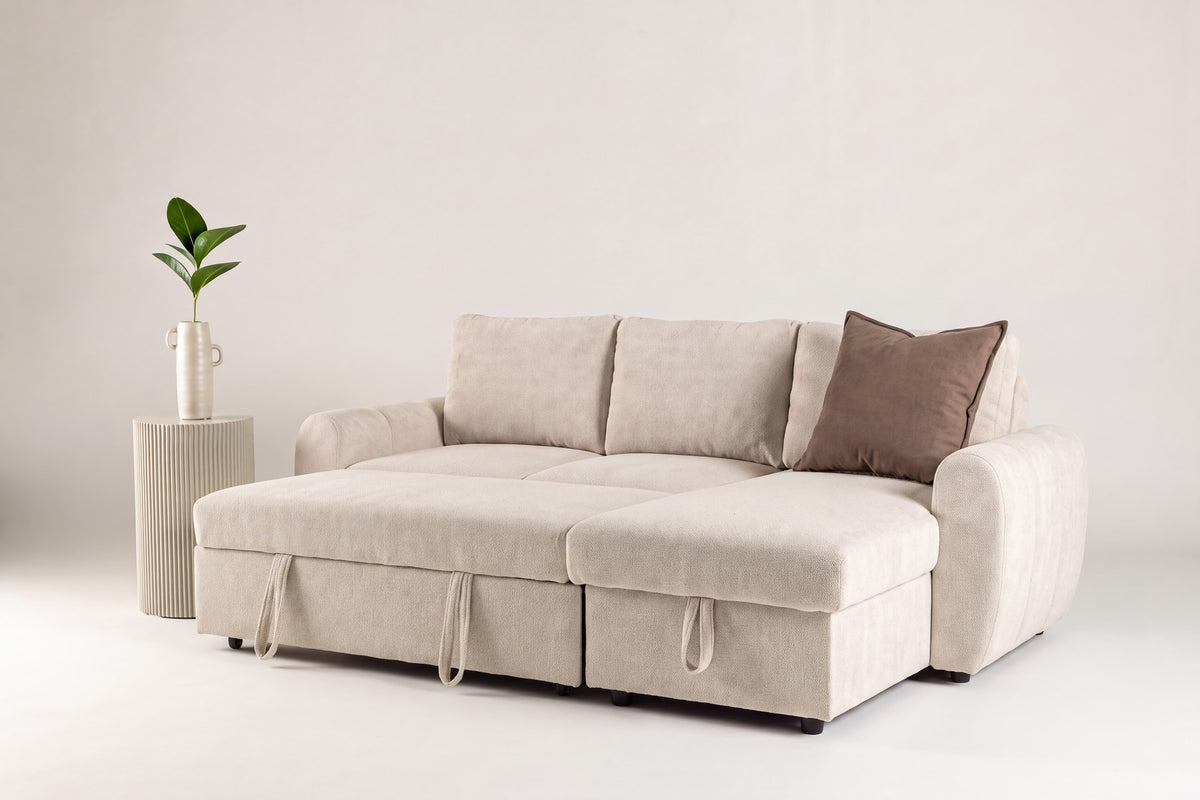 Beige Bettsofa Teo von Venture Home mit Polyesterbezug, Eukalyptusanteil und schwarzen Beinen, im aufgeklappten Zustand als Bett gezeigt.