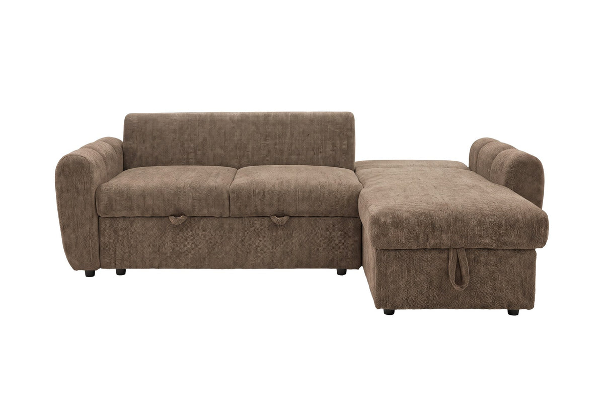 Braunes Bettsofa Teo von Venture Home mit Polyesterbezug, schwarzen Beinen und ausklappbarer Chaiselongue, freistehend im Wohnraum fotografiert.