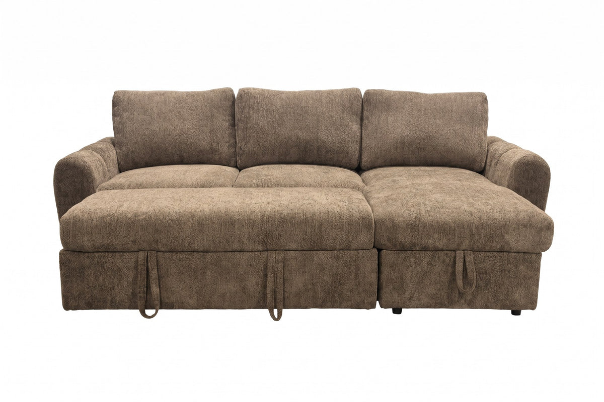 Braunes Bettsofa Teo von Venture Home mit Polyesterbezug, schwarzen Beinen und ausklappbarer Chaiselongue, freistehend im Wohnraum fotografiert.