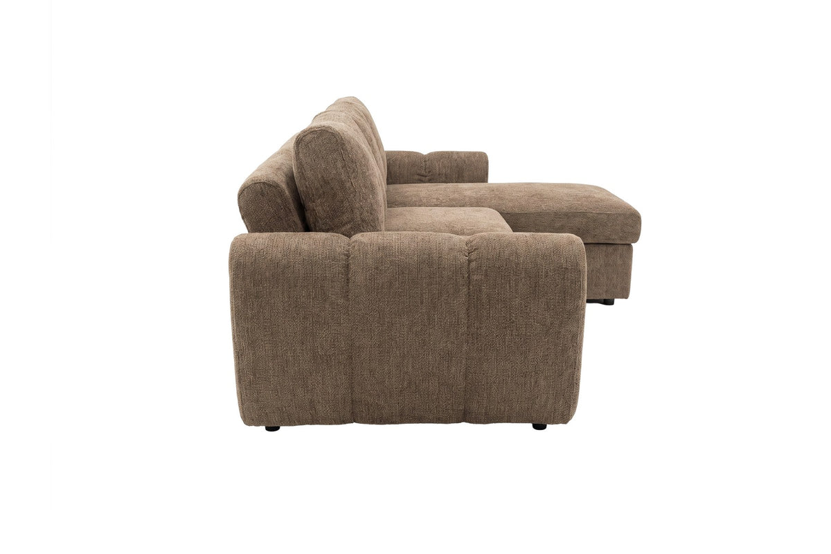 Braunes Bettsofa Teo von Venture Home mit Polyesterbezug, schwarzen Beinen und ausklappbarer Chaiselongue, freistehend im Wohnraum fotografiert.