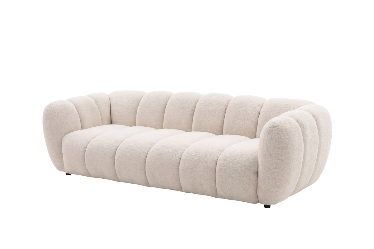 Beiges 3-Sitzer-Sofa Bobo von Venture Home mit Eukalyptus-Polyester-Bezug und schwarzen Gummibaumholz-Beinen, klare gerade Linien.