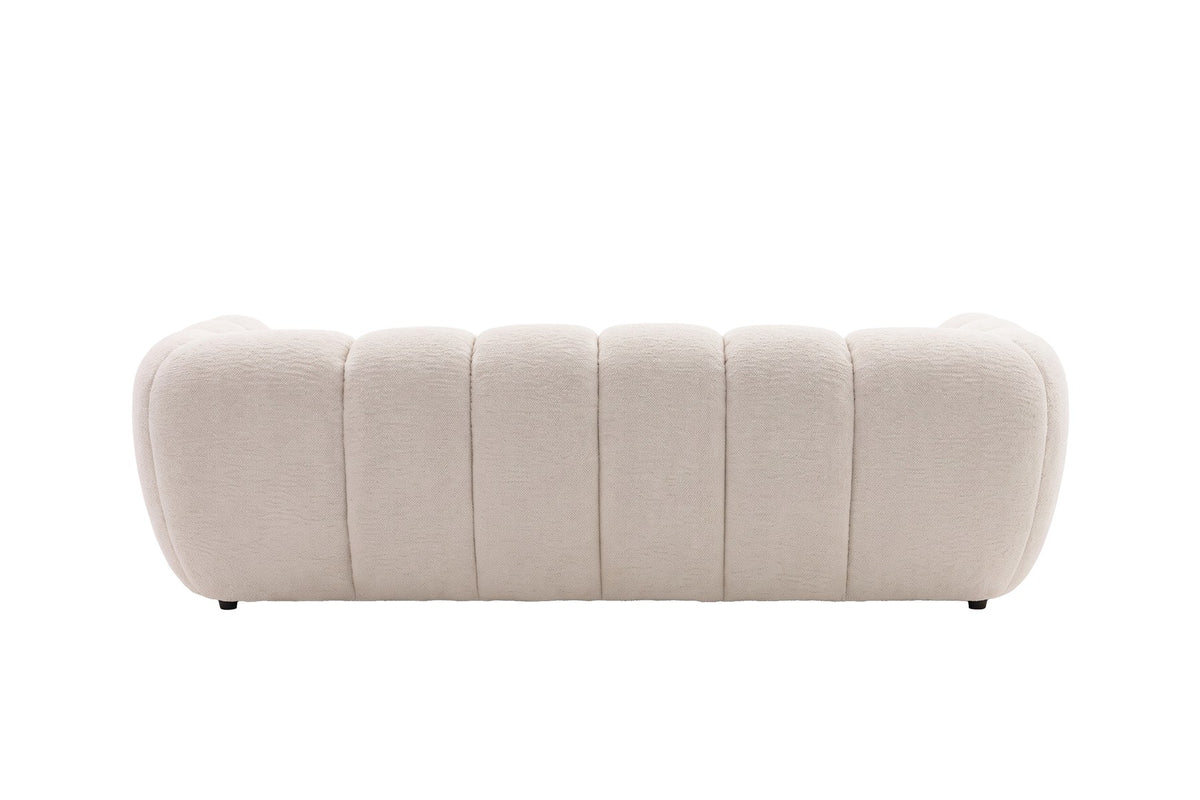 Beiges 3-Sitzer-Sofa Bobo von Venture Home mit Eukalyptus-Polyester-Bezug und schwarzen Gummibaumholz-Beinen, klare gerade Linien.