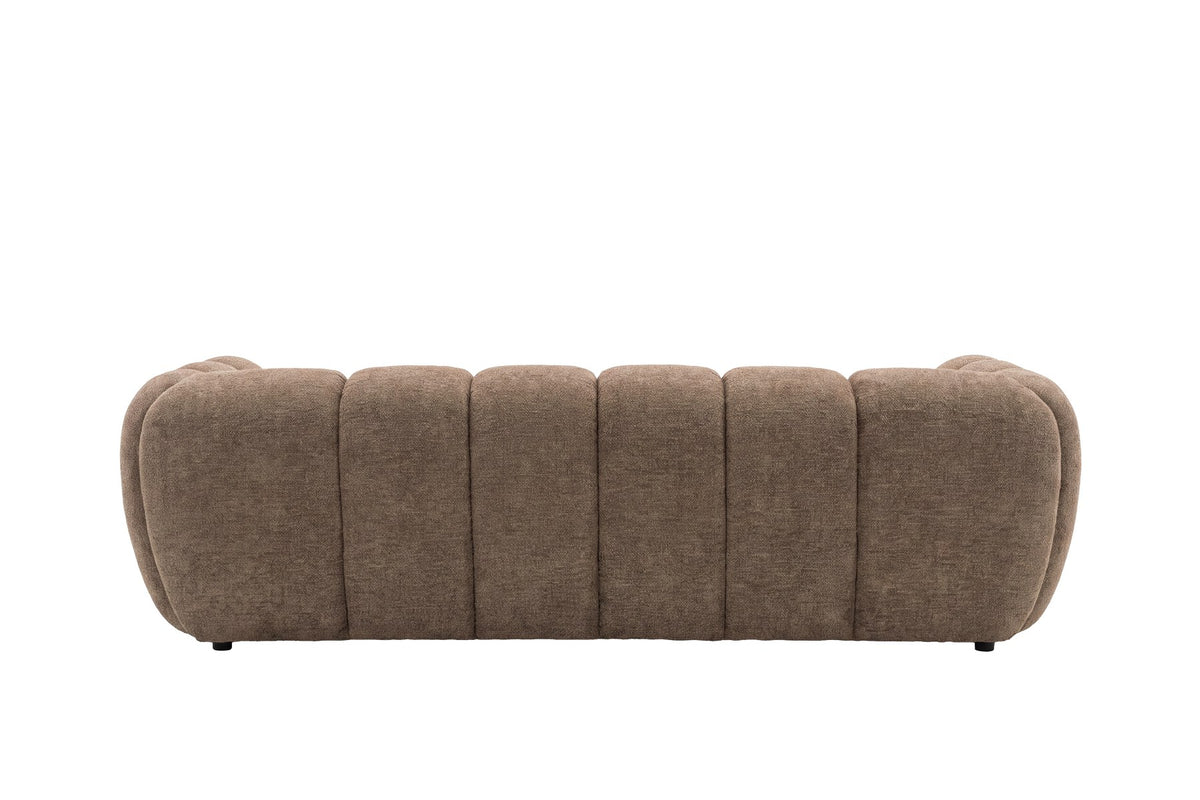 Braunes 3-Sitzer-Sofa Bobo von Venture Home mit Polyester-Bezug, schwarzen Gummibaumholz-Beinen und geraden, klaren Linien.