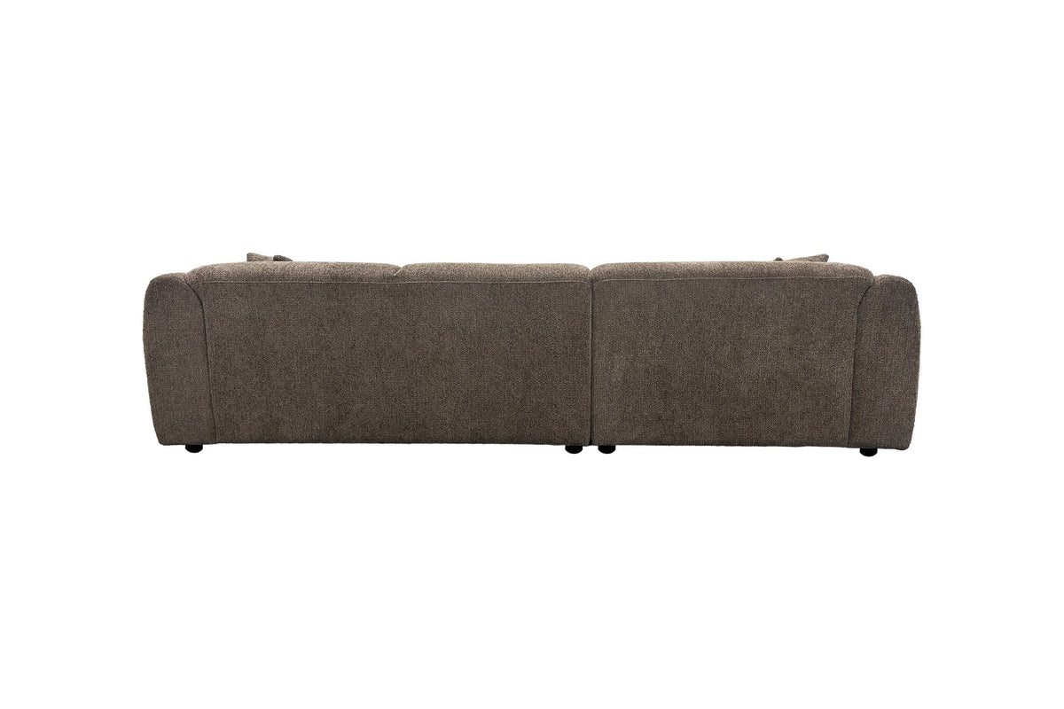Braunes L-Sofa Leia mit Chaiselongue rechts von Venture Home, Bezug aus Eukalyptus und Polyester, schwarze Holzbeine, skandinavisches Design.