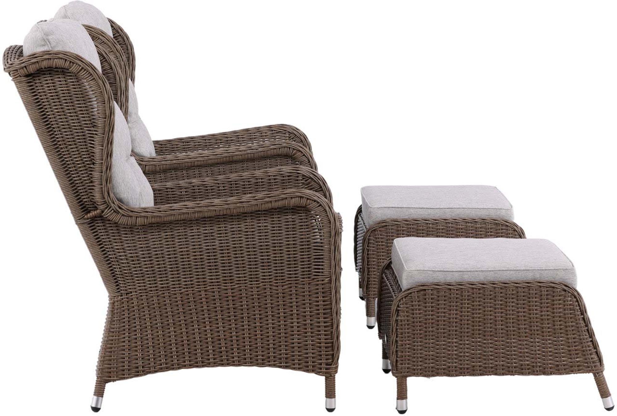 Verwandeln Sie Ihre Terrasse mit dem Washington Lounge Outdoorset 52cm von Venture Home. Stilvolle Sessel, bequeme Fußhocker und langlebige Materialien für unvergessliche Momente im Freien.
