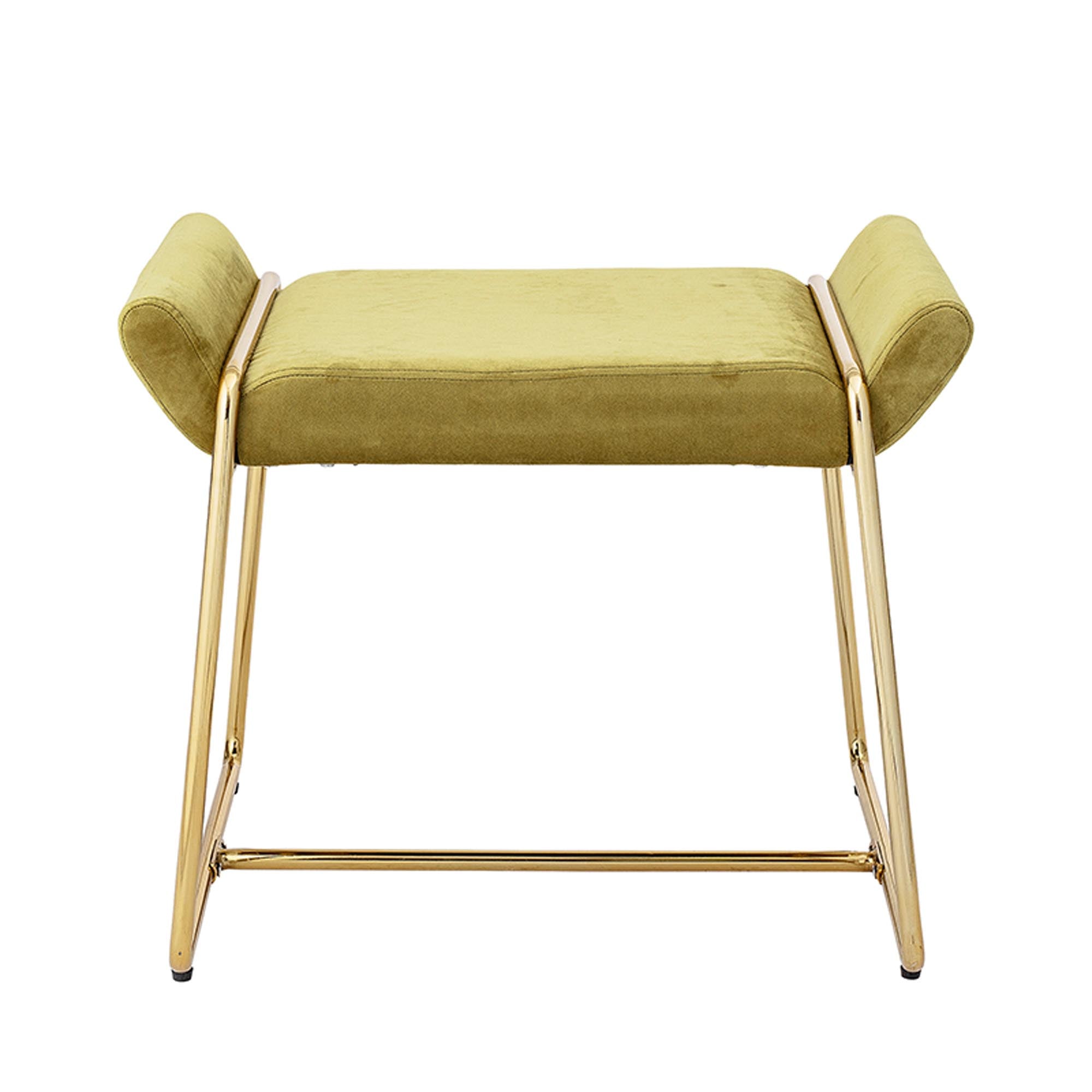 Eleganter gelber Megan Hocker von Bloomingville: Weiches Polyester, goldene Metallbeine, vielseitig und stilvoll für jeden Raum.