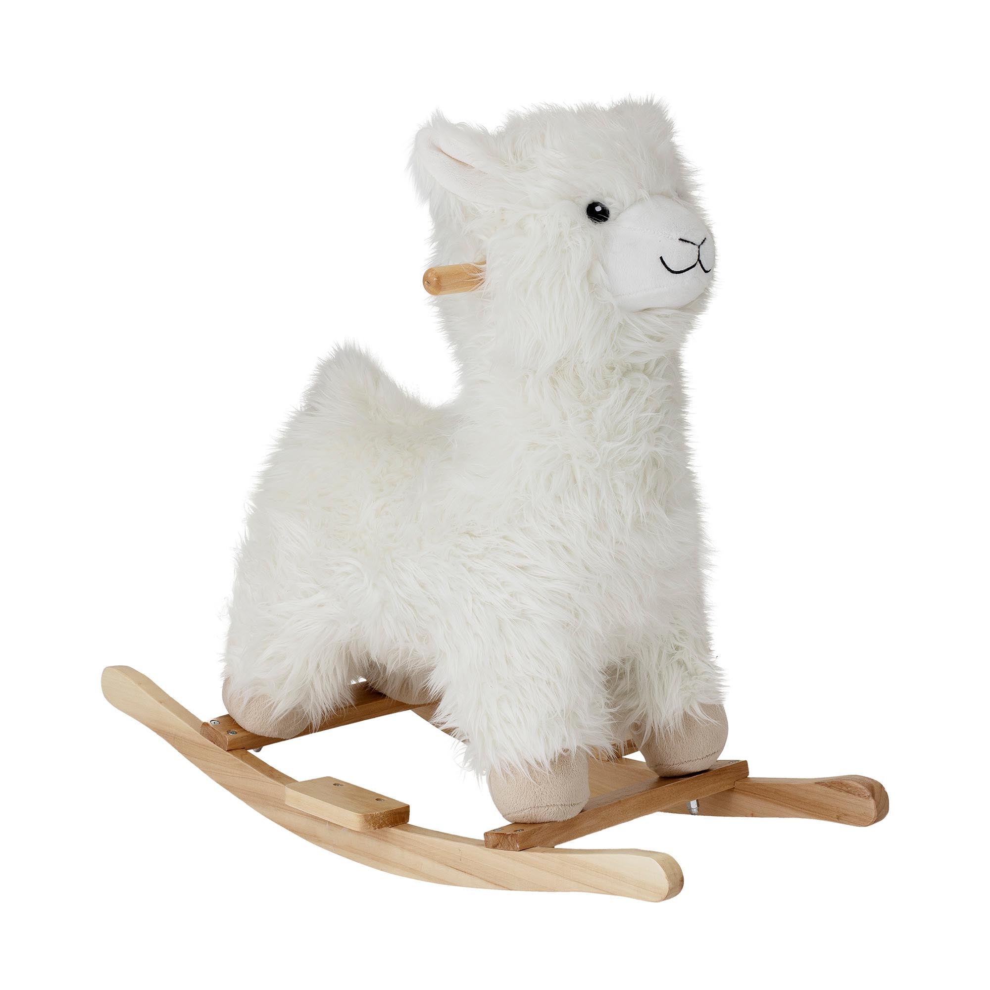 Weisses Kinto Lama Schaukelspielzeug aus Polyester, fördert Motorik und Gleichgewicht, robustes Poplar Holz, ideal für kleine Abenteurer.
