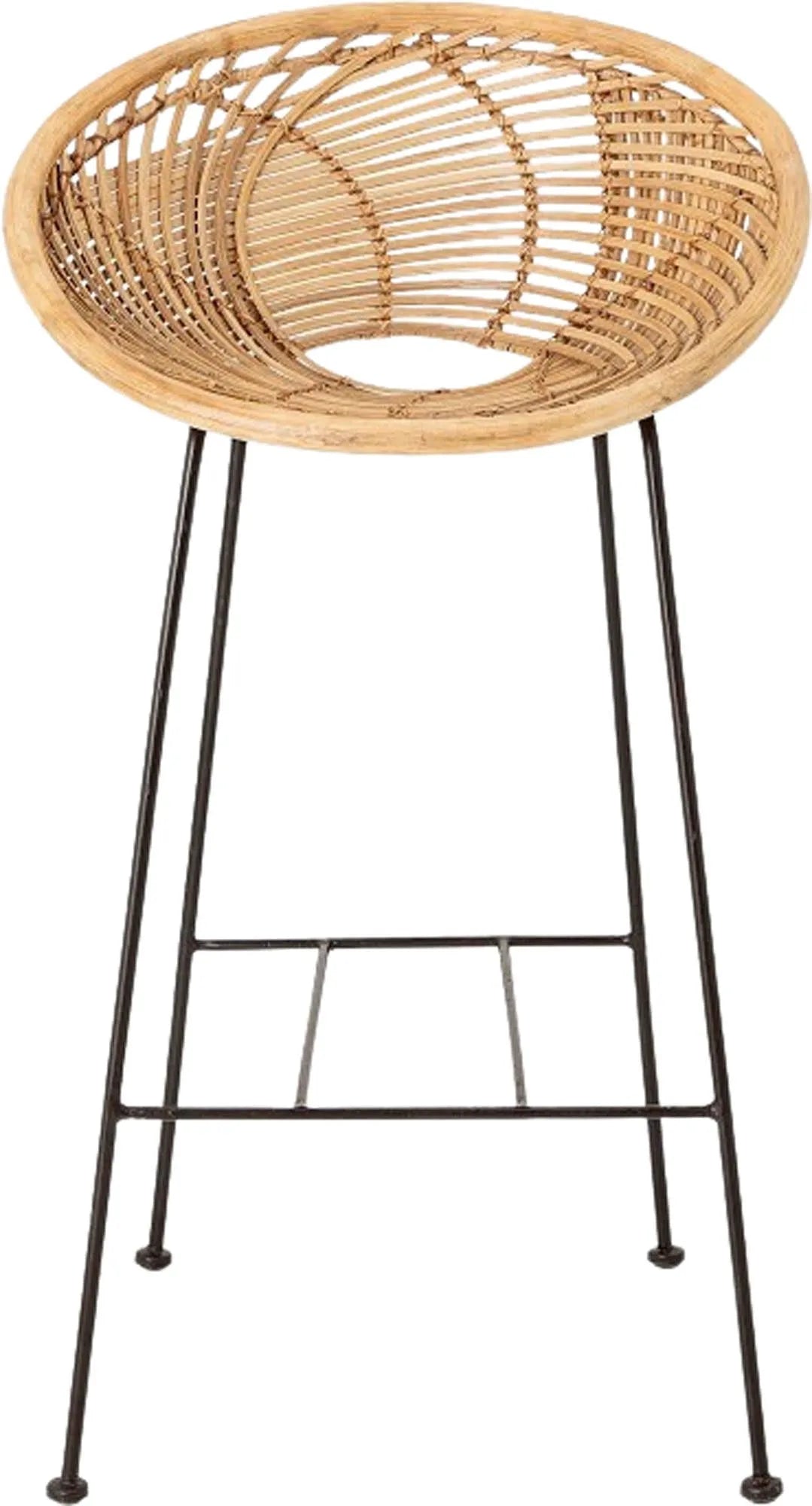 Eleganter Yonne Barstuhl aus Rattan und Eisen, bietet Komfort und Langlebigkeit. Ideal für moderne und rustikale Räume.