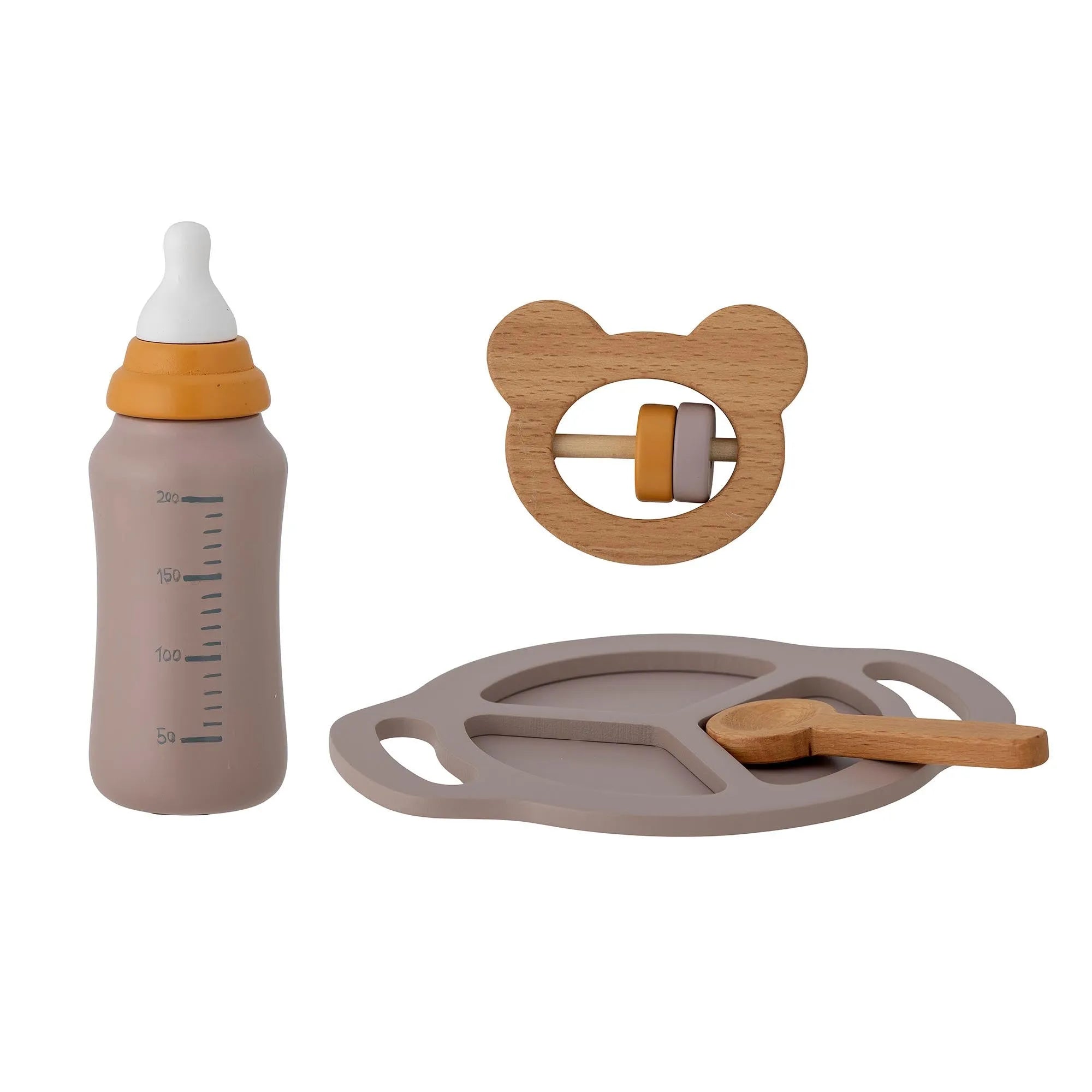 Riina Spielset: FSC® 100% Buchenholz, graue Töne, fördert Kreativität, sicheres Spielen, ideal für Babyrollenspiele.