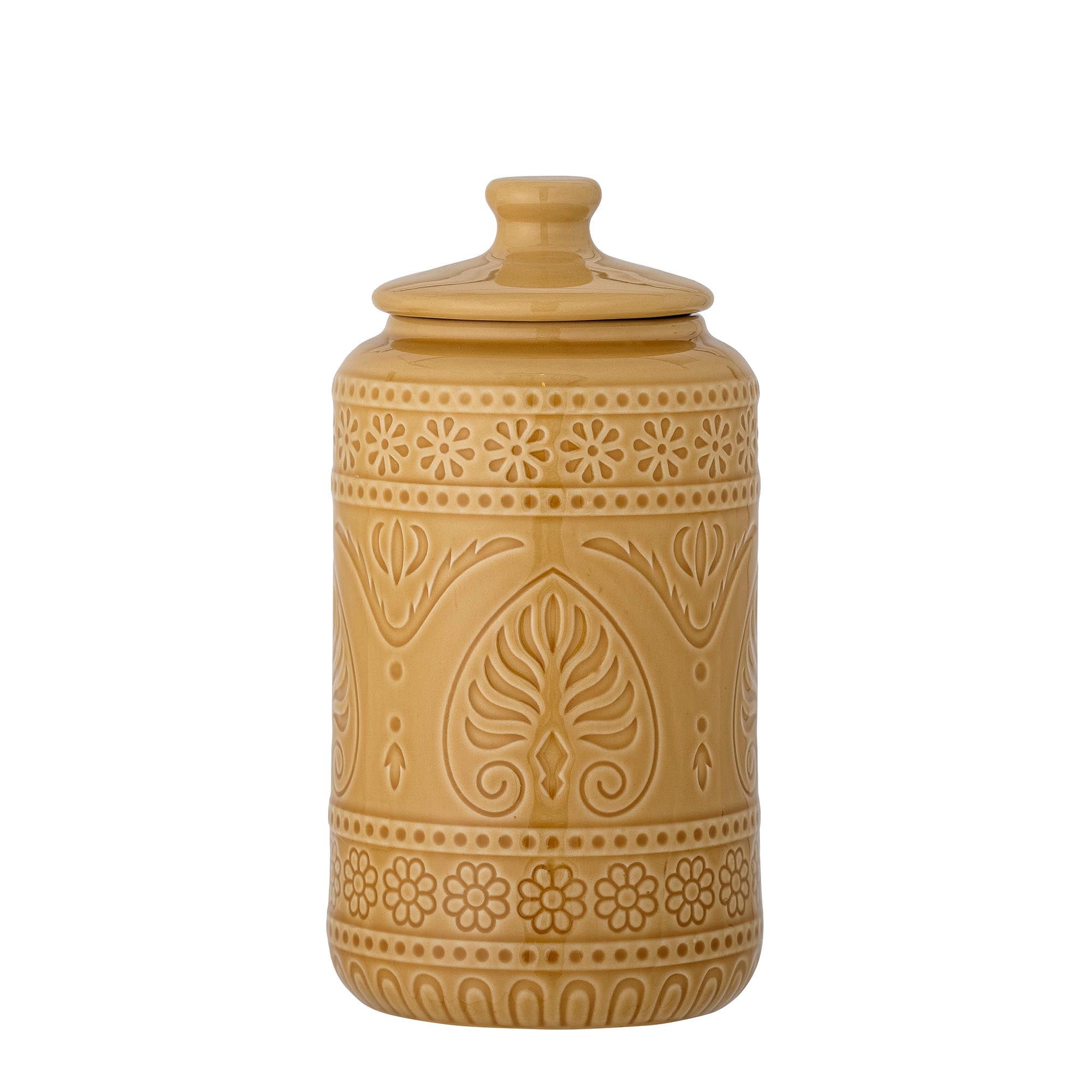 Rani Gefäss mit Deckel: Gelbes Steingut, stilvoll und robust. Ideal für Küche und Tisch, handgefertigte Glasur, einzigartig und funktional.
