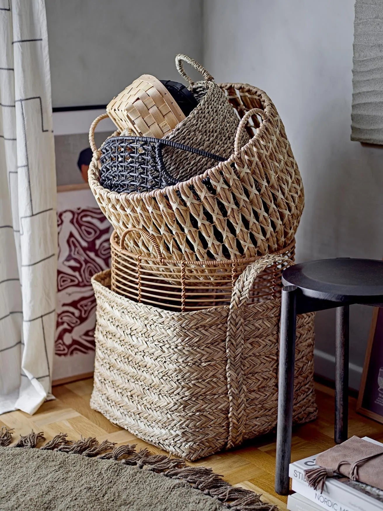 Joane Basket, Black, Rattan, Aufbewahrungskorb, KAQTU Design