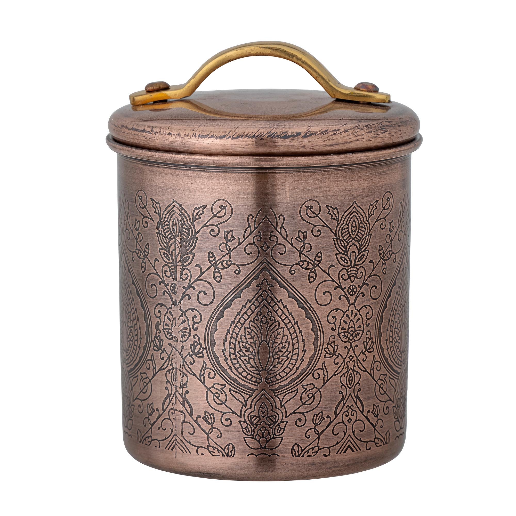 Elegantes Saralin Gefäss aus Edelstahl und Messing, ideal für stilvolle Aufbewahrung von Tee oder Kaffee. Langlebig und dekorativ.