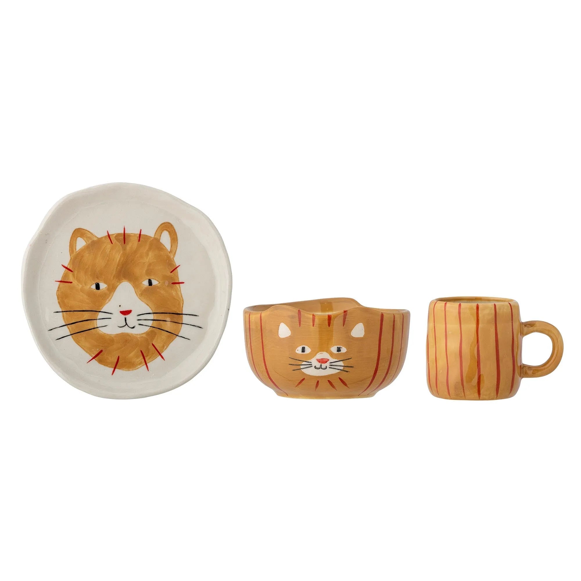 Kittie Geschirr-Set: Charmantes Steingut in Braun mit Katzenmotiv, robust, spülmaschinenfest, ideal für Kinder.