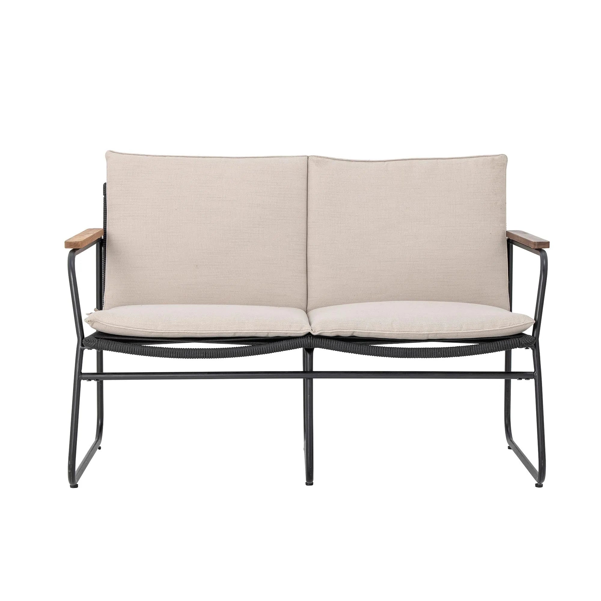 Elegantes Hampton Sofa aus Akazienholz, schwarzem Metall und Seil. Ideal für Garten, Terrasse oder Wintergarten. Leicht und stilvoll.