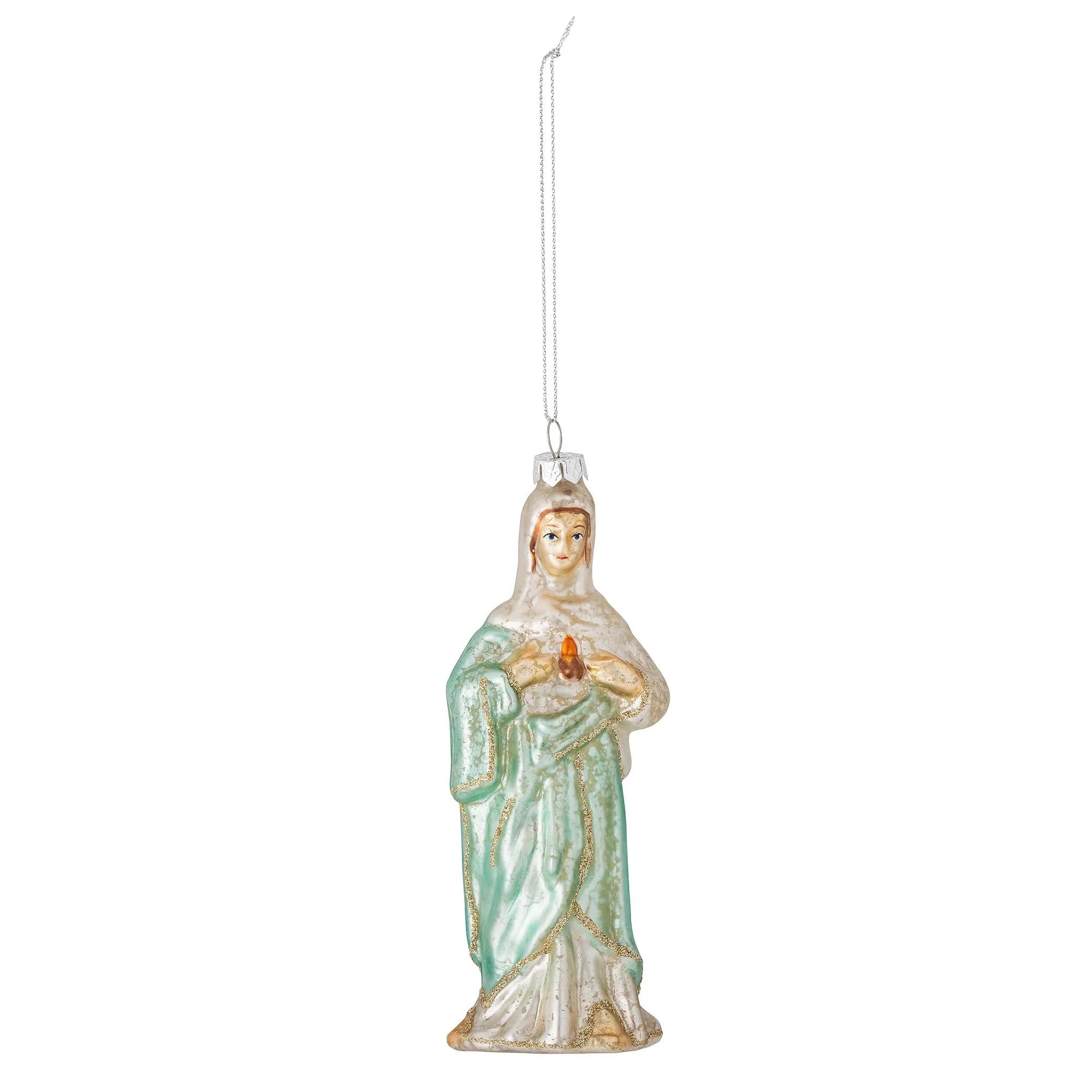 Elegantes Madonna Ornament aus grünem Glas mit goldenen Akzenten, ideal für festliche Weihnachtsdekoration.