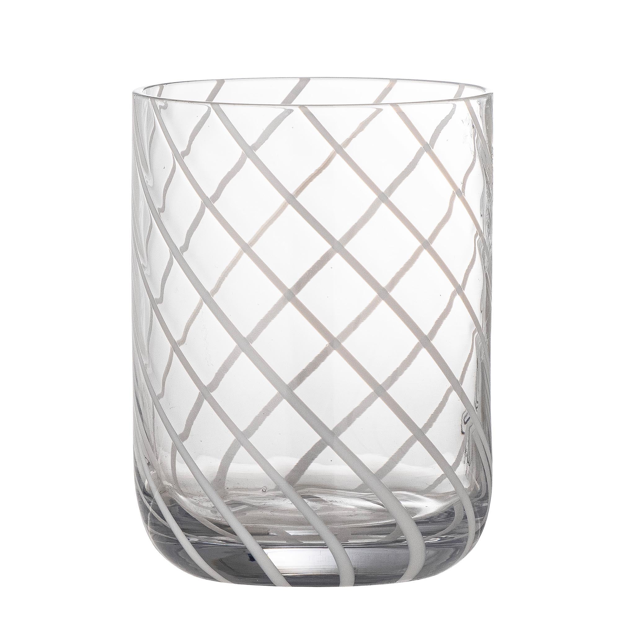 Elegantes Havin Trinkglas von Bloomingville: Klar, mit weissem Streifenmuster, handgefertigt, spülmaschinenfest, ideal für Getränke.
