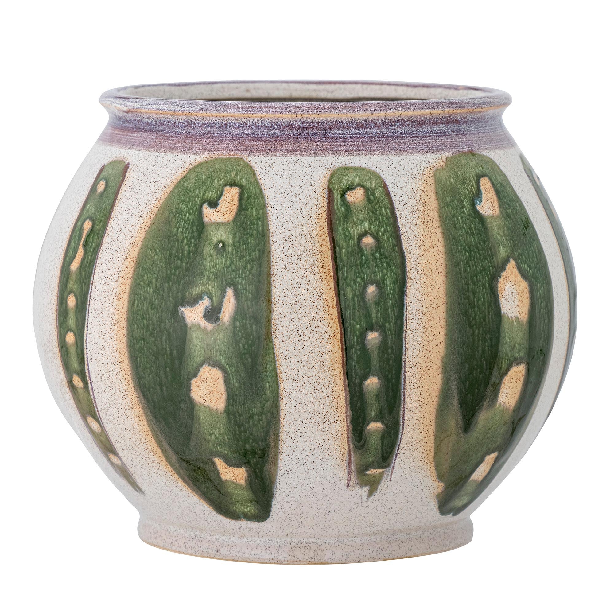 Eleganter Sazan Blumentopf aus Steingut, handdekoriert in Weiss und Grün, ideal für stilvolle Pflanzenpräsentation.