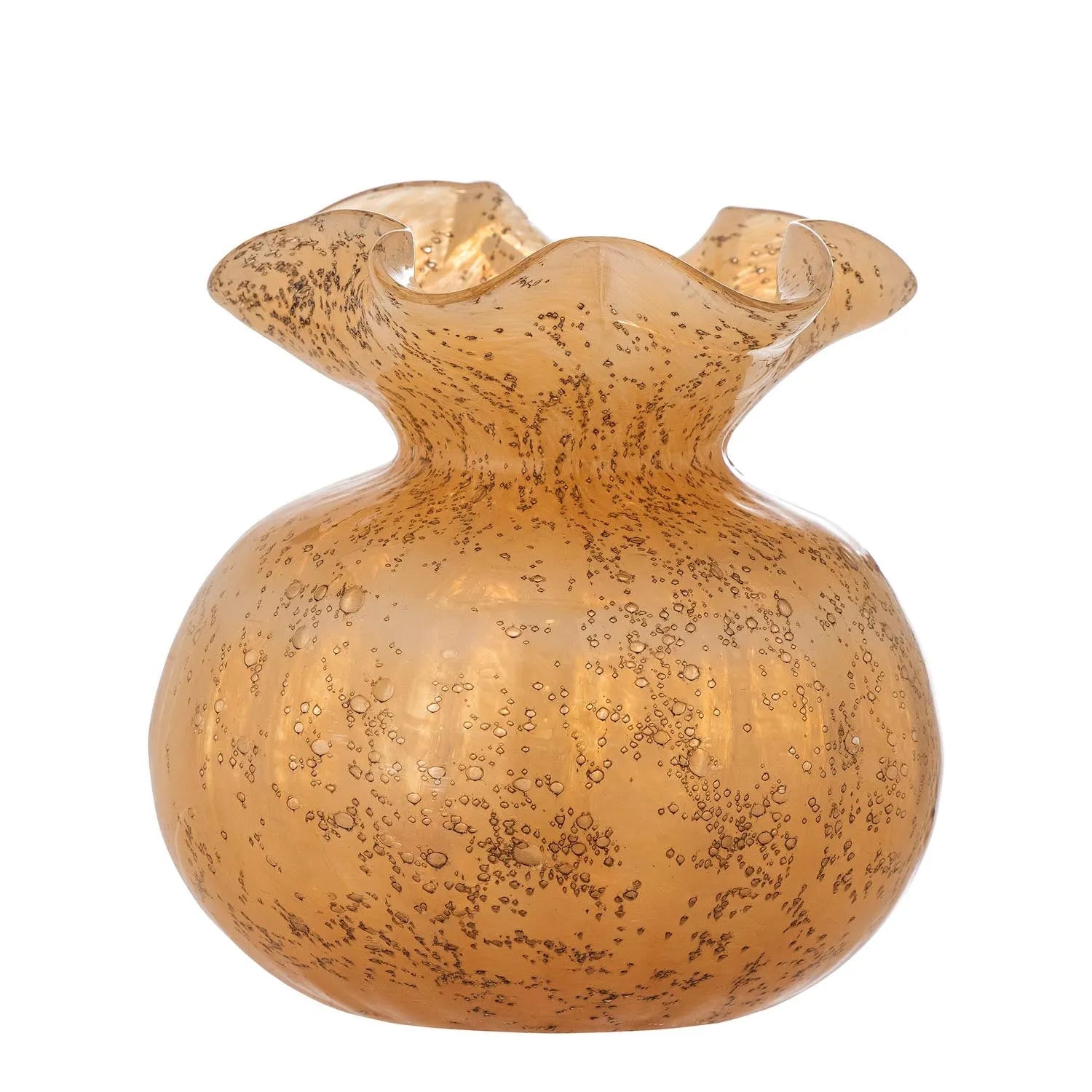 Die Thebe Vase in leuchtendem Orange mit goldenem Schimmer ist ein elegantes Glas-Kunstwerk für stilvolle Dekoration.