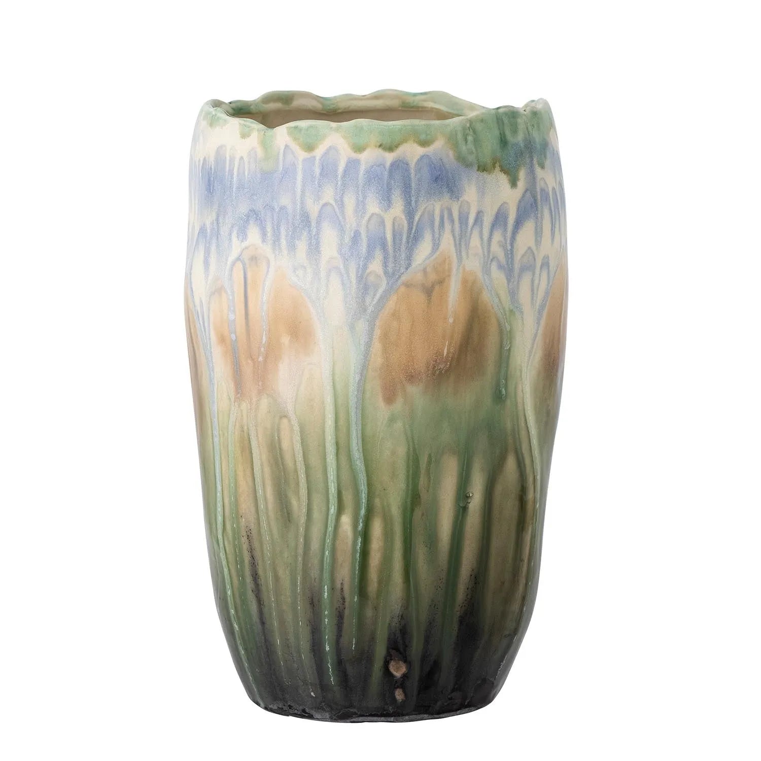 Die Mahasti Vase in Grün aus Steingut vereint Eleganz und Handwerkskunst, mit einzigartiger Glasur und natürlichem Farbverlauf.