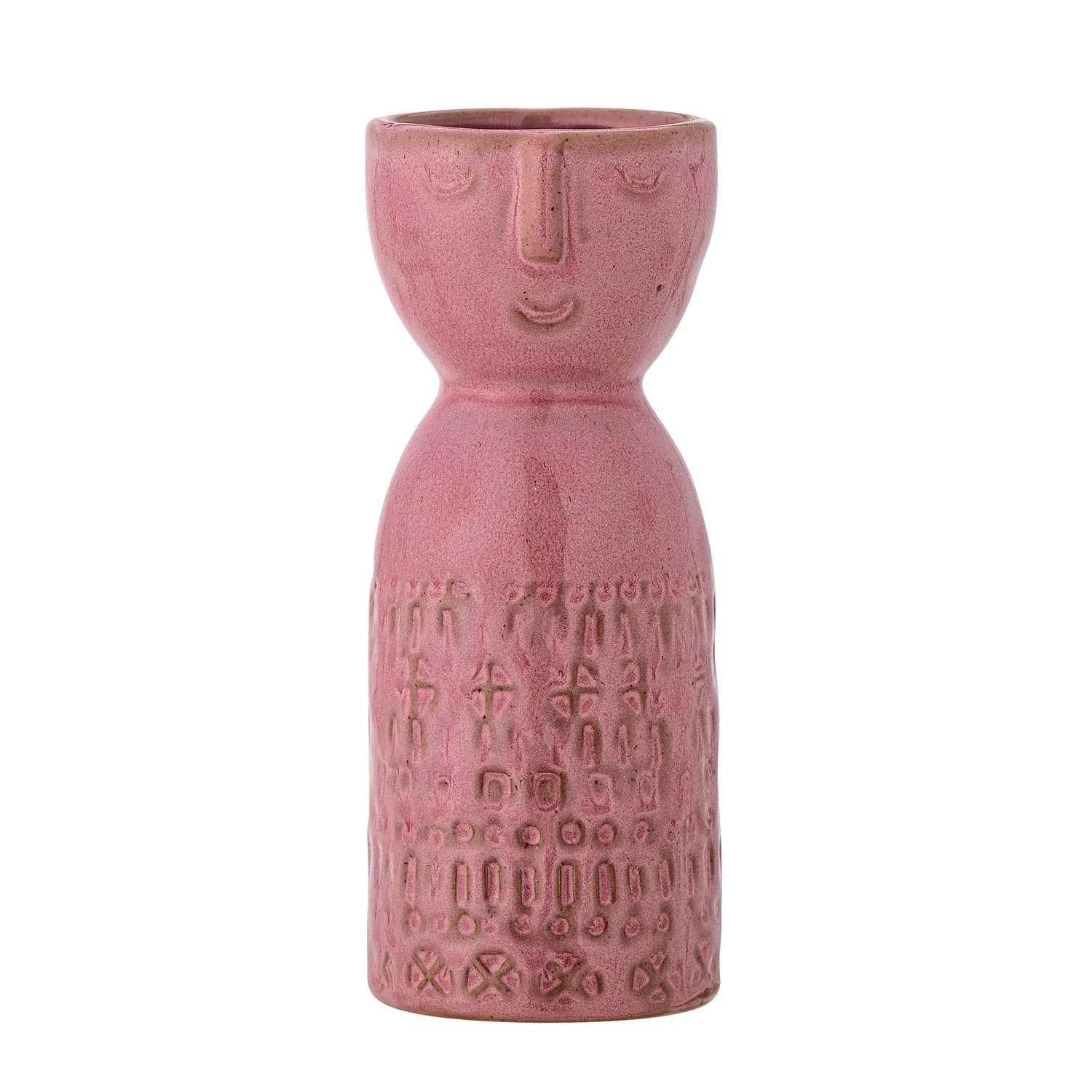 Die Embla Vase von Bloomingville: Charmantes Steingut in sanftem Pink mit süßem Gesicht, ideal für Blumen und als Deko-Kunstwerk.