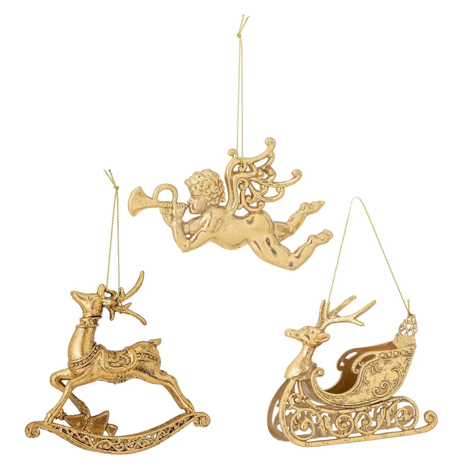 Elegante Anisa Ornamente von Bloomingville: Goldene Engel, Rentier & Schlitten aus robustem Polystyrol für festliche Dekoration.