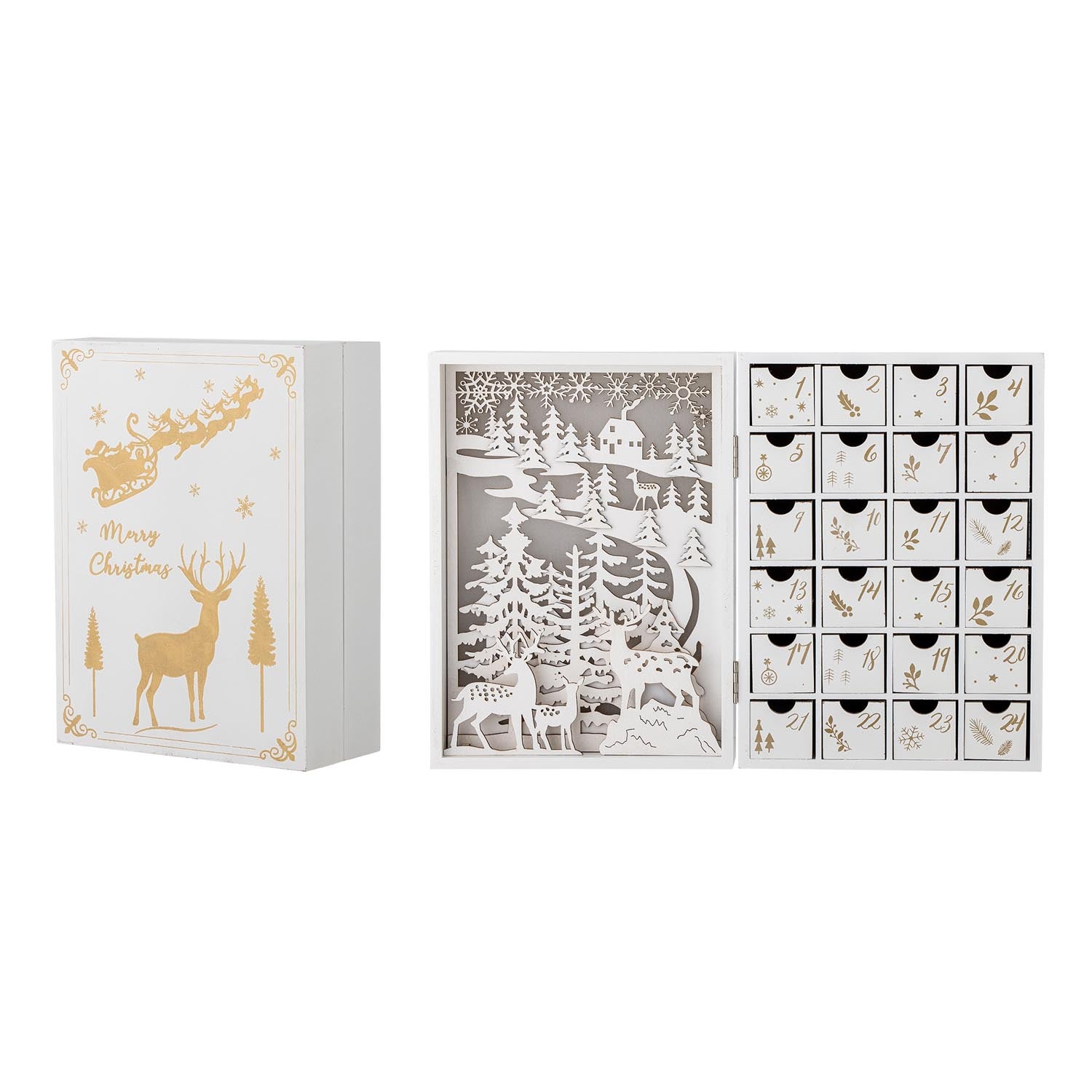 Elimar Kalender: Adventszauber aus Sperrholz mit Licht, 24 Schubladen für kreative Überraschungen. Perfekte Weihnachtsdeko.