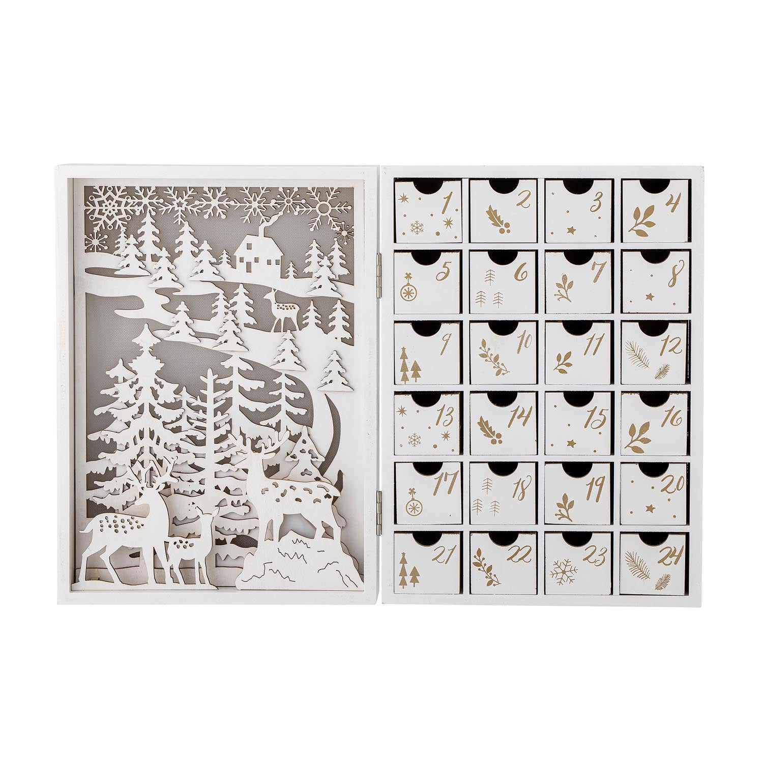 Moderner Elimar Kalender aus weißem Sperrholz mit integrierter Beleuchtung, ideal als stilvolles und funktionales Wohnaccessoire.