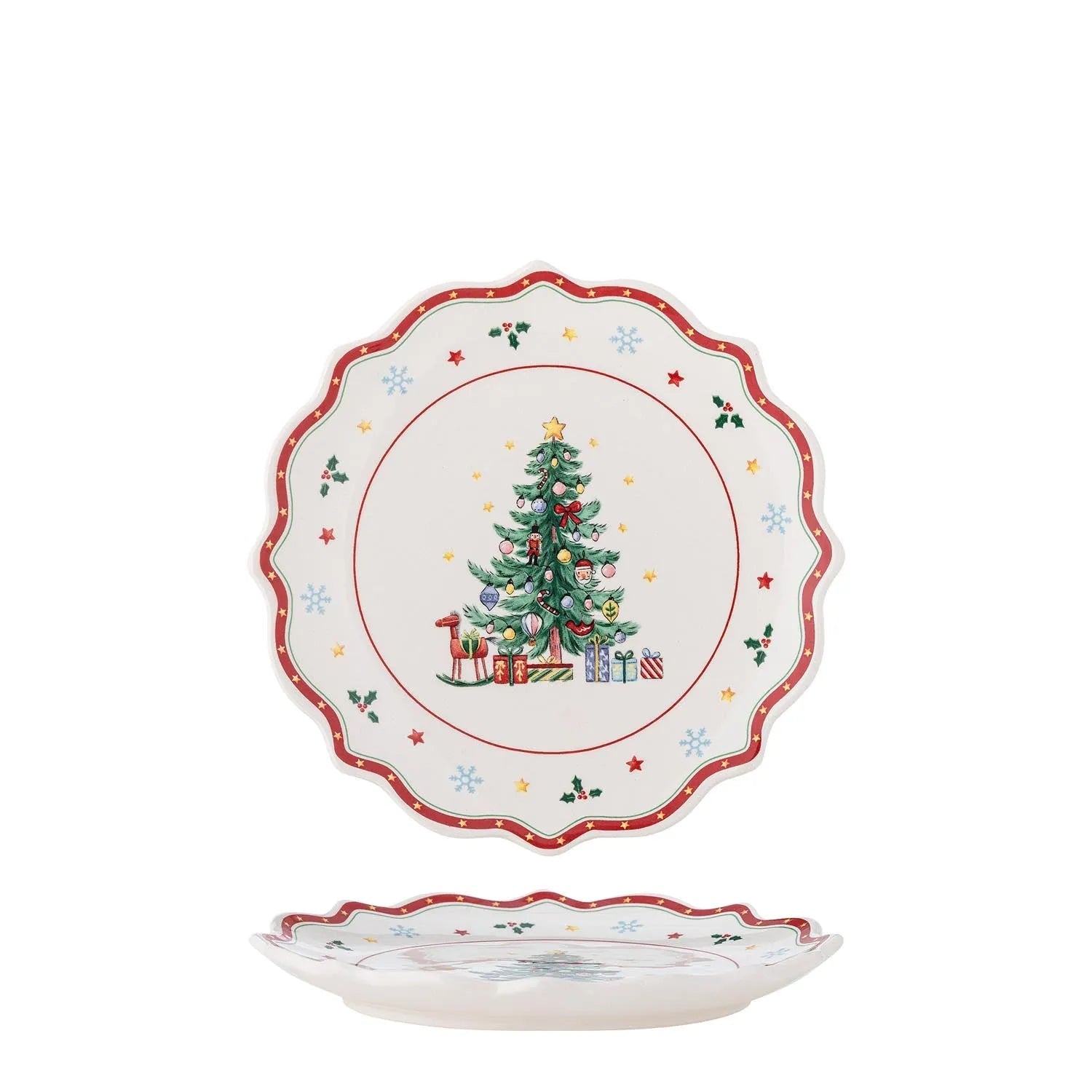 Naive Teller von Bloomingville: Festliches Keramik-Kunstwerk mit handbemaltem Rand und Weihnachtsbaum-Motiv, ideal für die Feiertage.