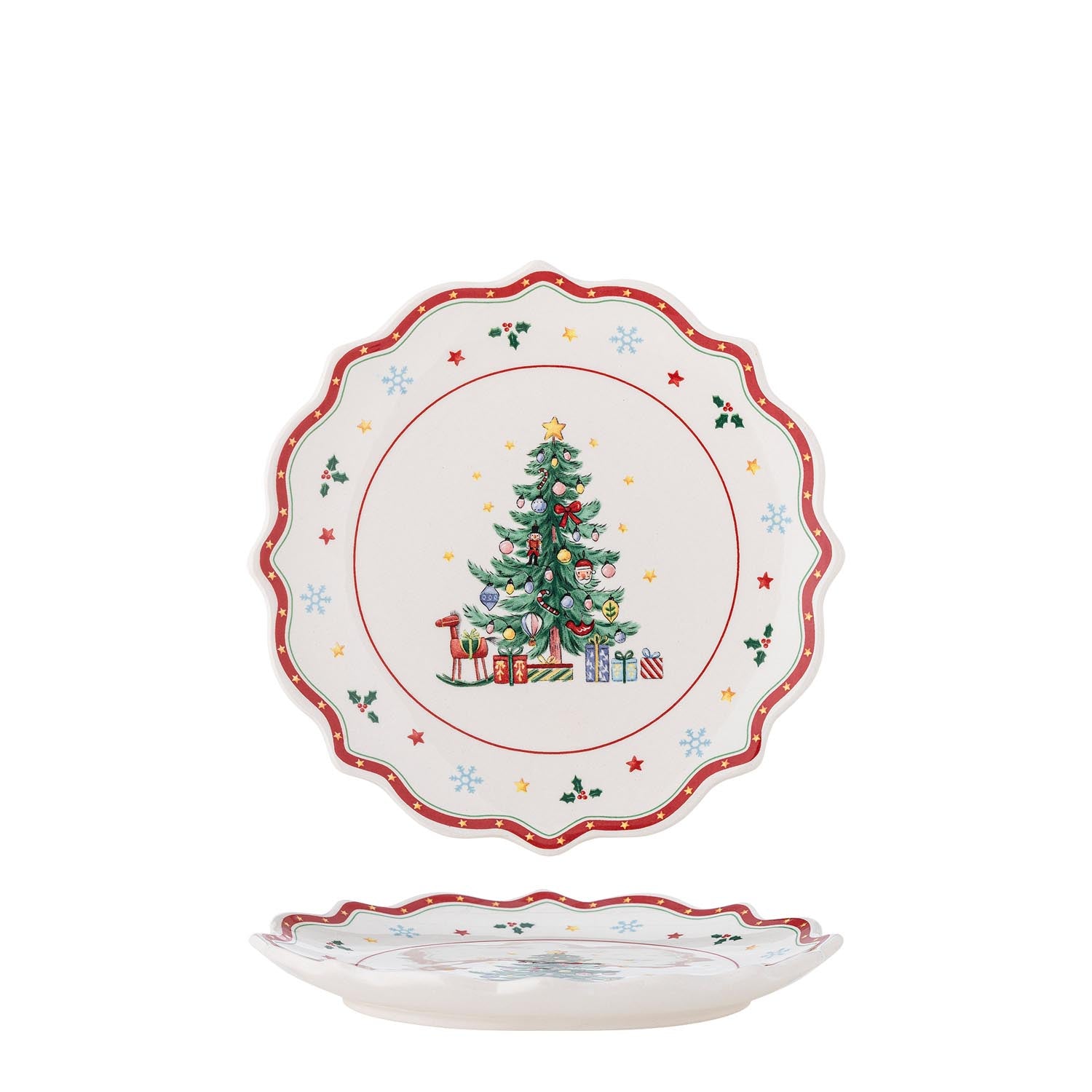 Naive Teller von Bloomingville: Festliches Keramik-Kunstwerk mit handbemaltem Rand und Weihnachtsbaum-Motiv, ideal für die Feiertage.