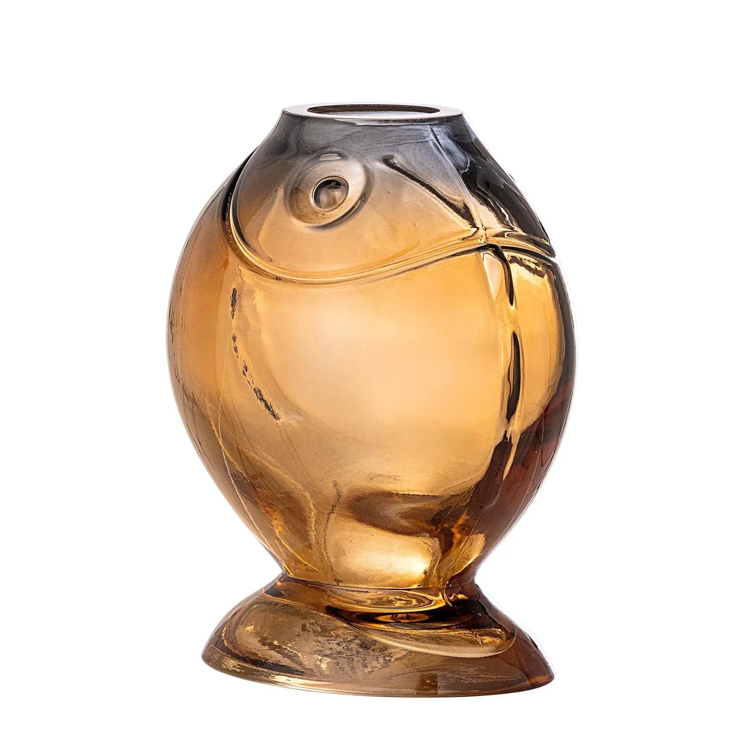 Die Varga Vase in Gelb, ein mundgeblasenes Kunstwerk, fasziniert mit gold-blauen Nuancen und eleganter Fischform.