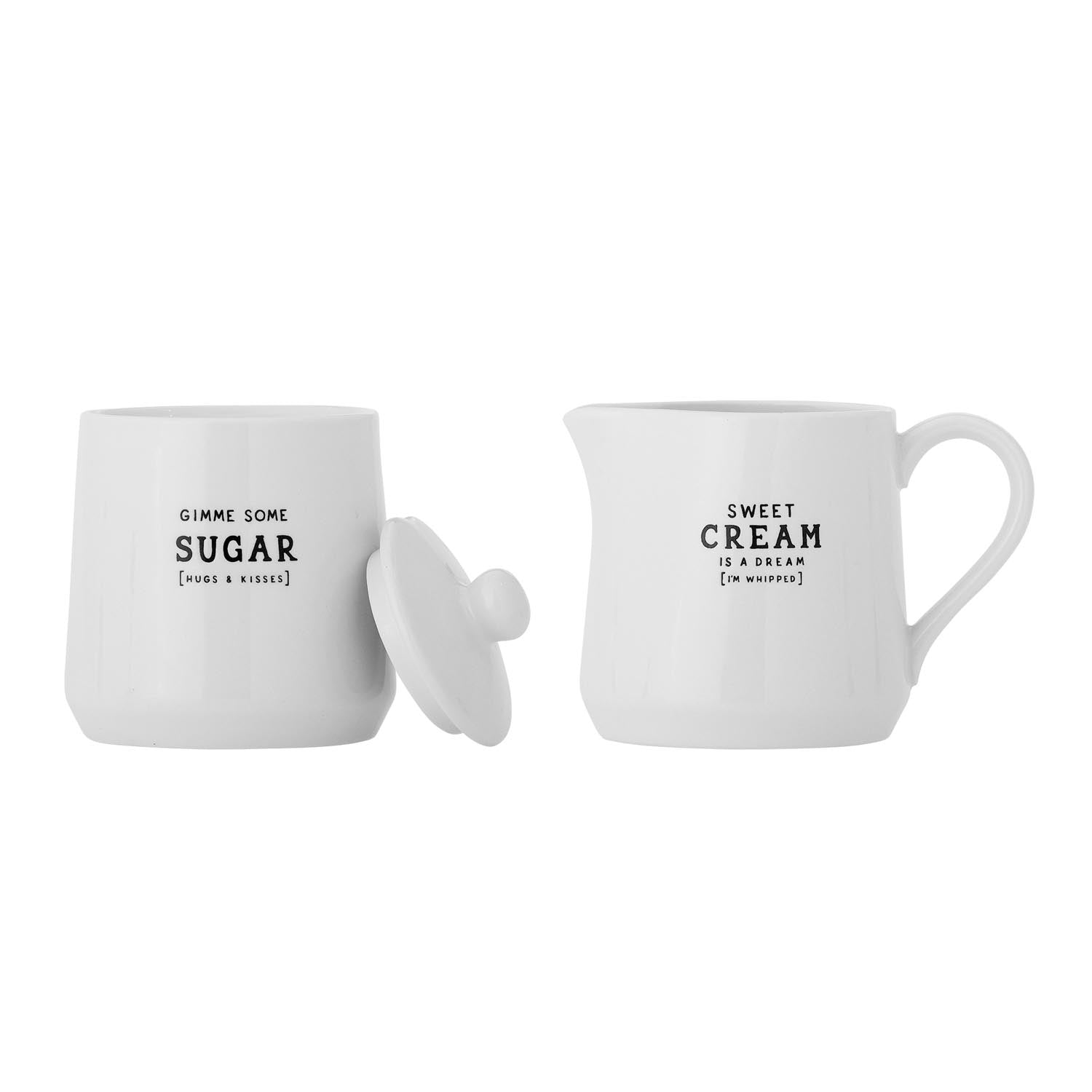 Weißes Wendy-Set aus Steingut: Zuckerdose und Milchkännchen, perfekt für elegante Tischdekoration und stilvollen Kaffeegenuss.