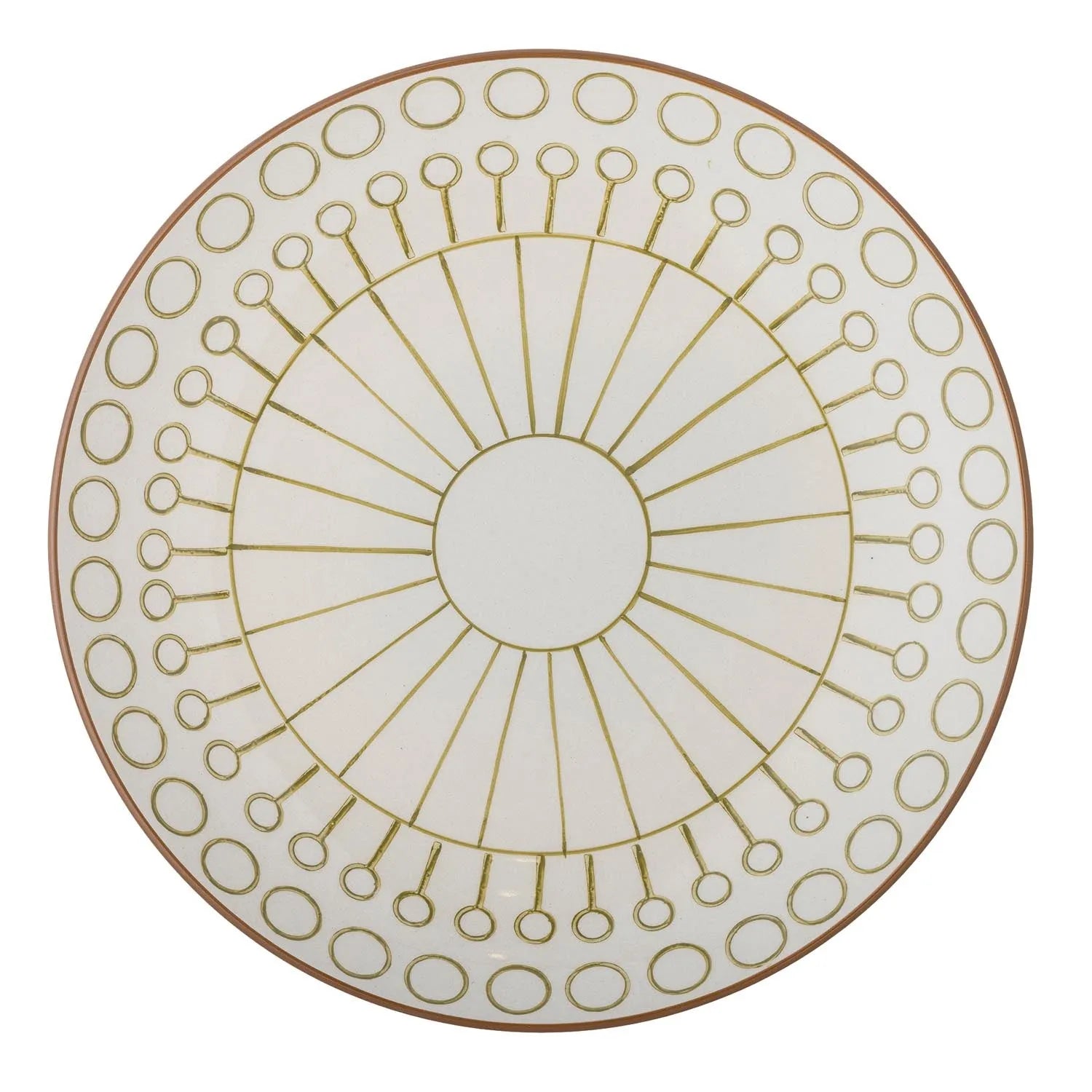 Eleganter Steingutteller in Grün mit geometrischem Muster, ideal für stilvolle Tischdekorationen und vielseitig einsetzbar.