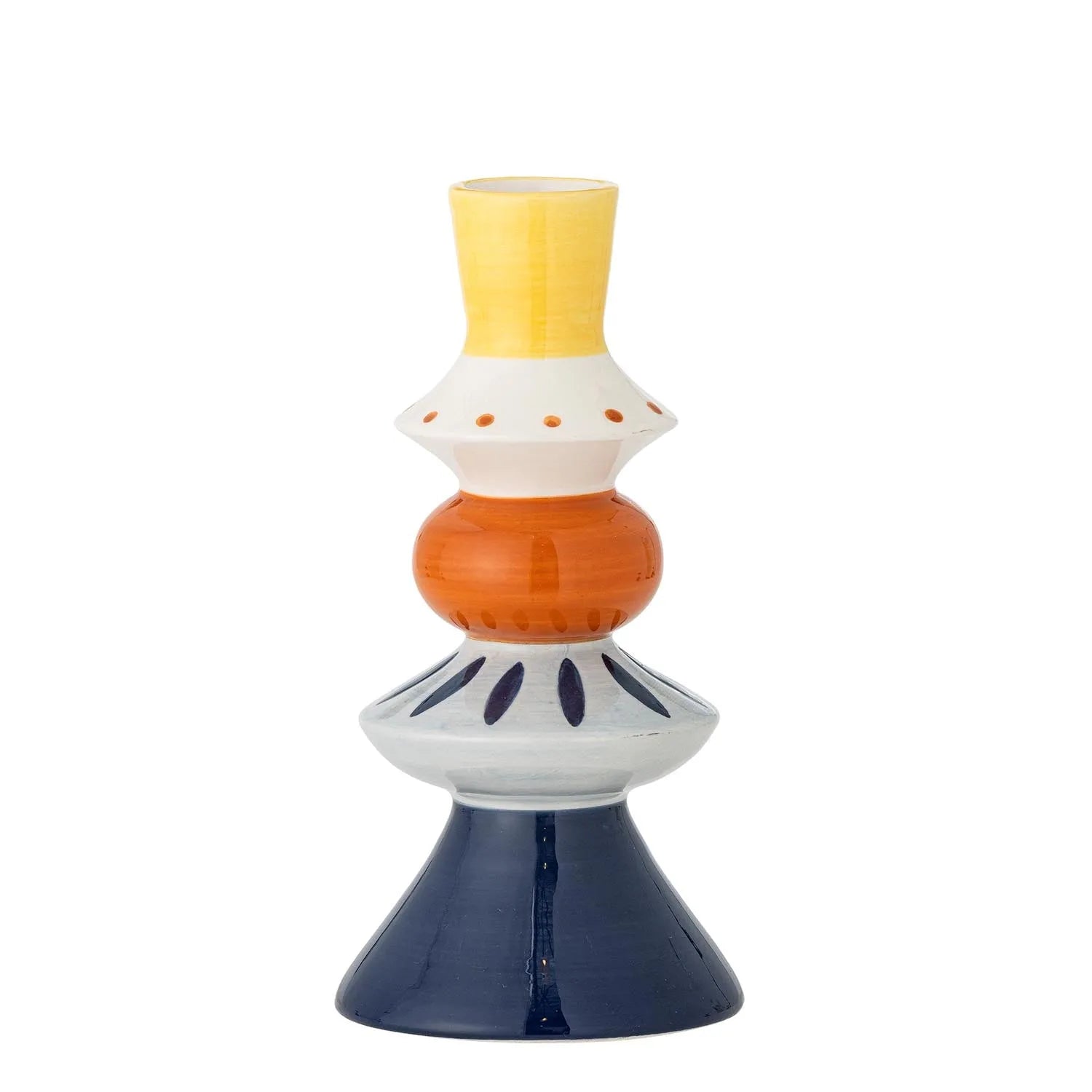 Die Kairi Vase von Bloomingville: Handgefertigtes Steingut in Blau, Gelb und Orange, bringt skandinavisches Flair und Eleganz in Ihr Zuhause.