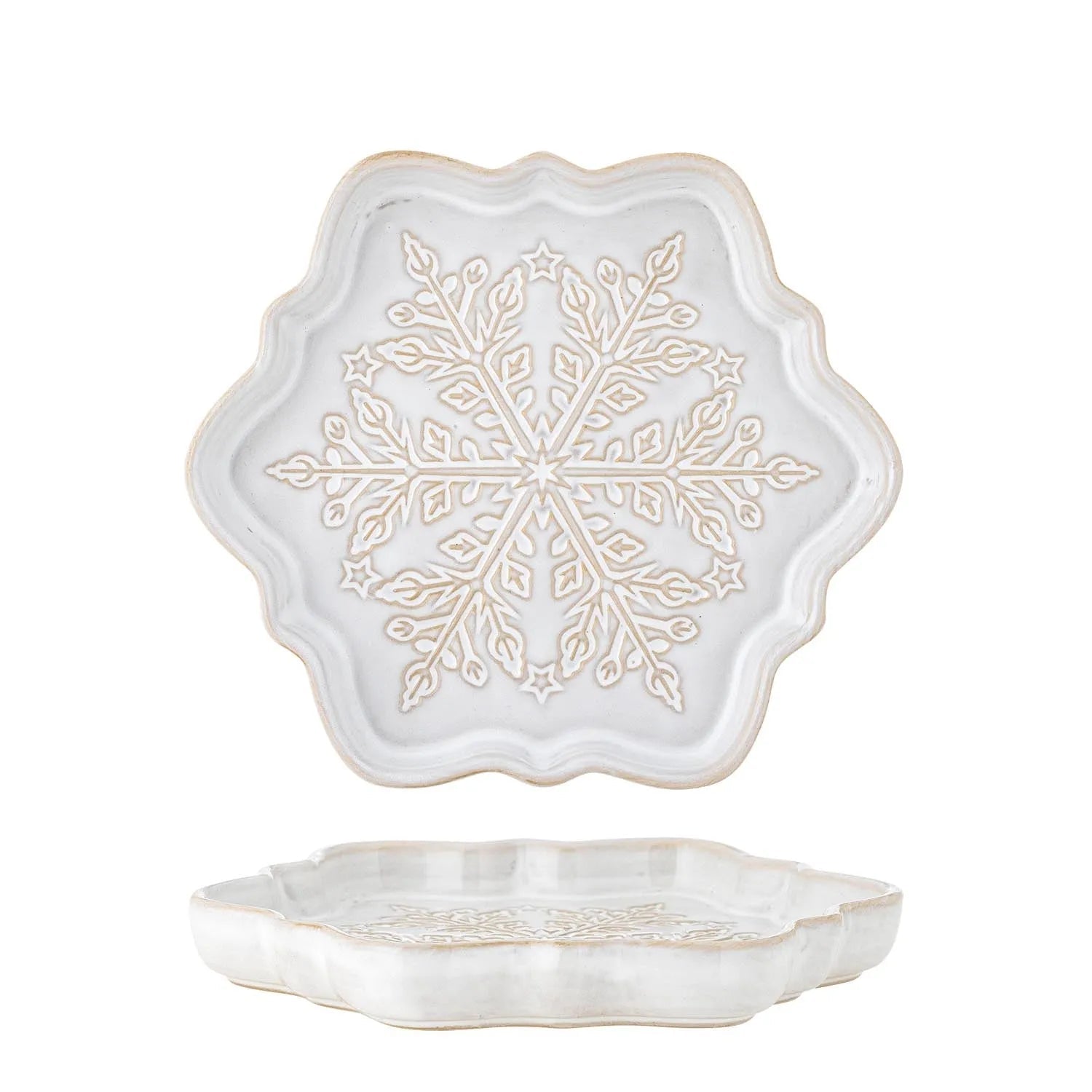 Elegante weiße Steingut-Servierplatte mit Schneeflockenmotiv, robust, langlebig, spülmaschinenfest, ideal für festliche Anlässe.