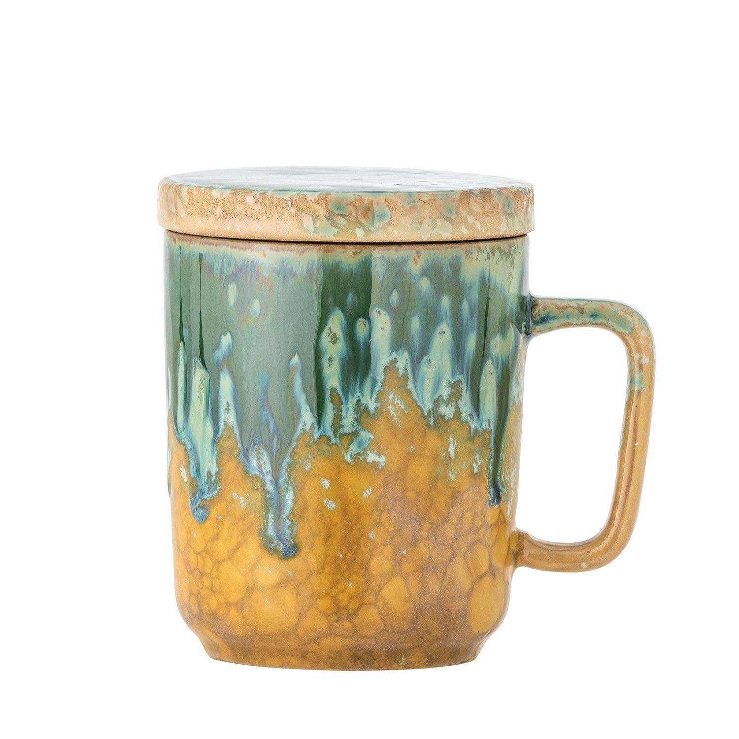 Eleganter Yuma Becher aus grünem Steingut mit Deckel und Teesieb, ideal für Teegenuss. Praktisch und stilvoll für den täglichen Gebrauch.