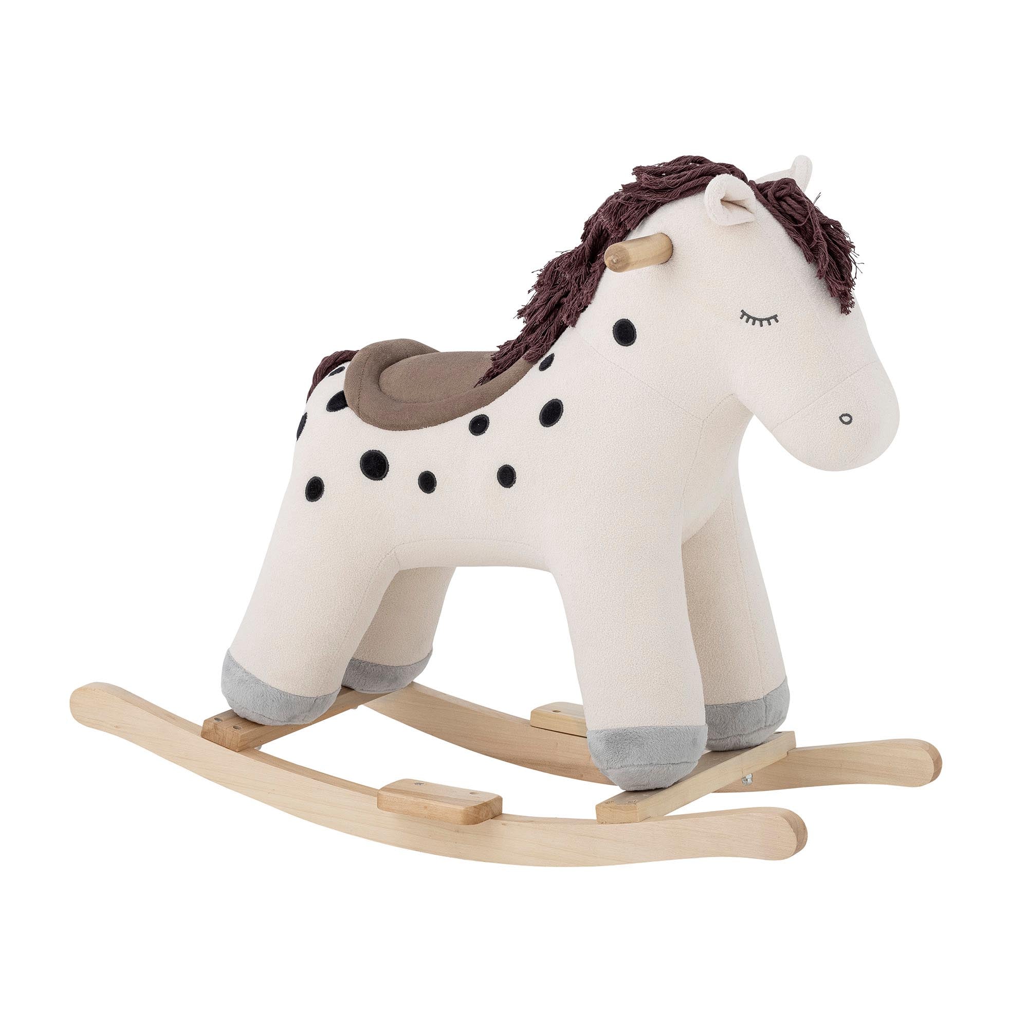 Das Merlen Rocking Toy, ein elegantes, weisses Schaukelpferd aus Polyester, fördert Fantasie und Motorik im Kinderzimmer.
