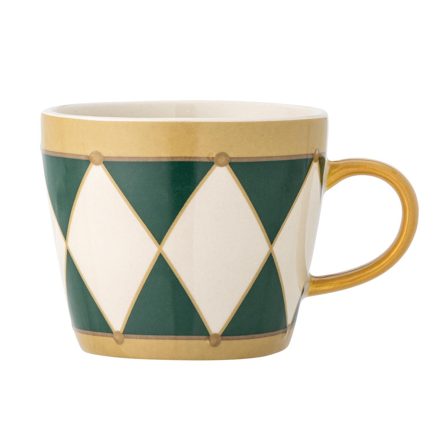 Der Jolly Becher von Bloomingville: Grünes Steingut, goldener Griff, geometrische Muster. Skandinavisches Design für stilvolle Gemütlichkeit.