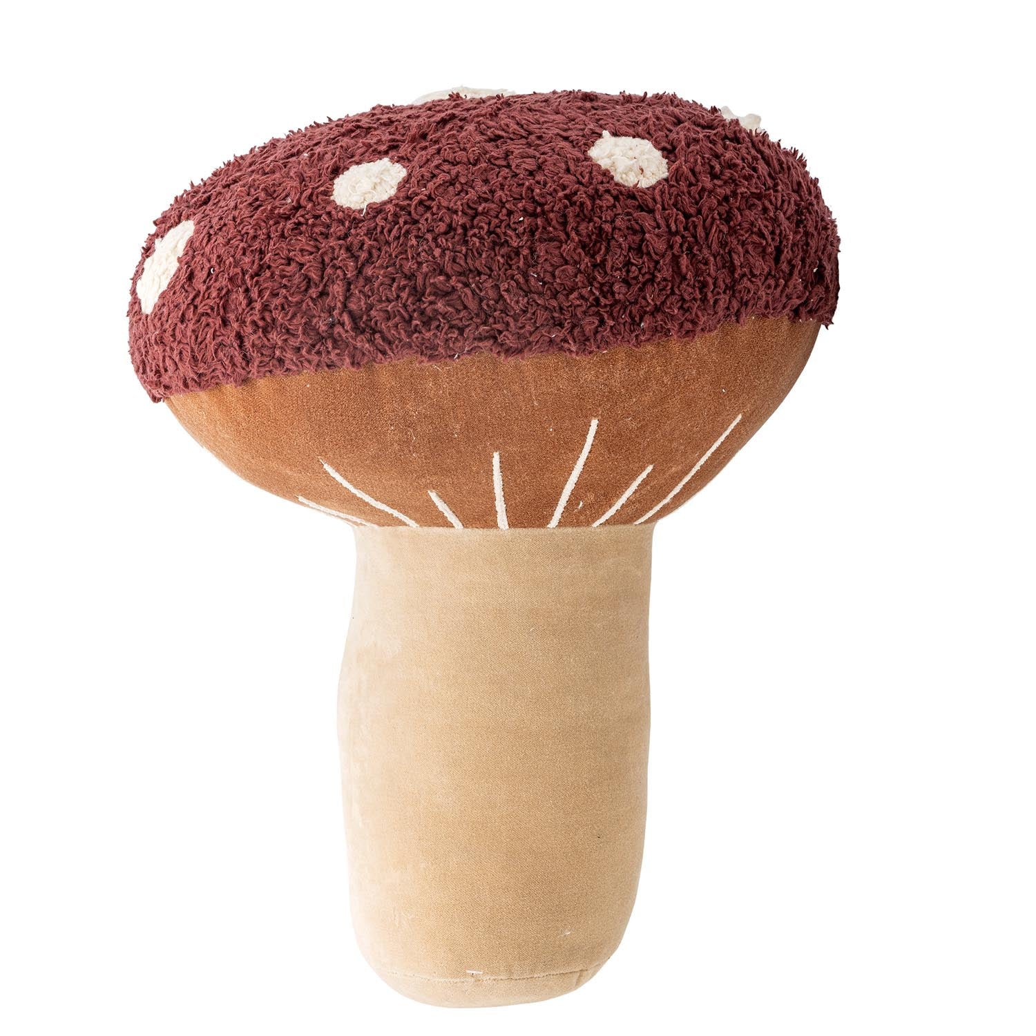 Ein rotes Baumwollkissen in Pilzform von Bloomingville Mini, ideal als Kinderzimmerdeko oder gemütliches Accessoire.