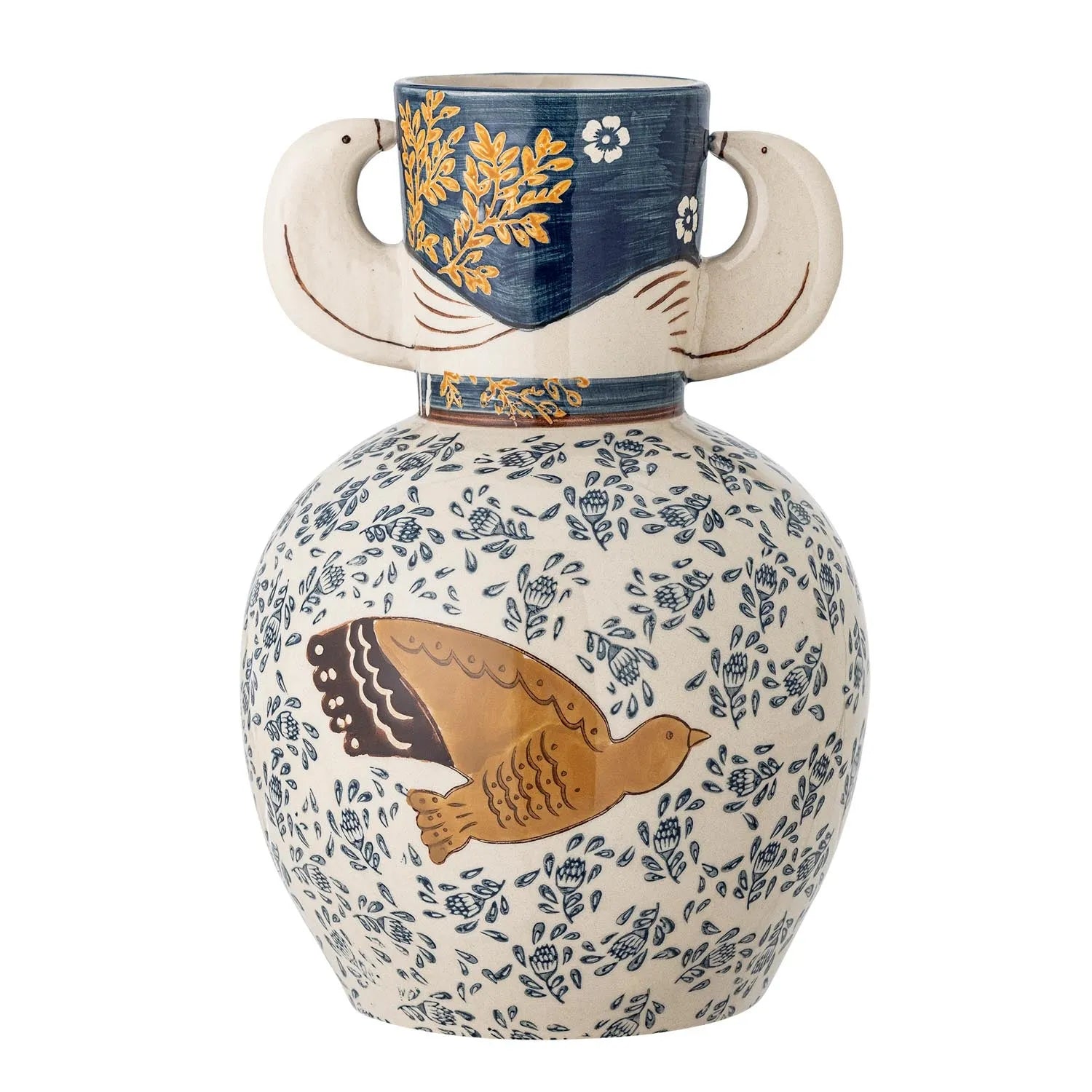 Die Hezha Vase von Bloomingville: Ein handdekoriertes Steingut-Kunstwerk in Blau mit Vogelmotiven, das Eleganz und Wärme ausstrahlt.