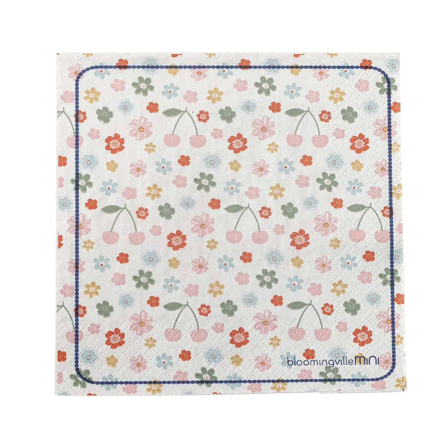 Cherry Serviette von Bloomingville MINI: Verspieltes Design mit Blumen und Kirschen, doppelseitig, FSC®-zertifiziert, ideal für Kinderfeste.