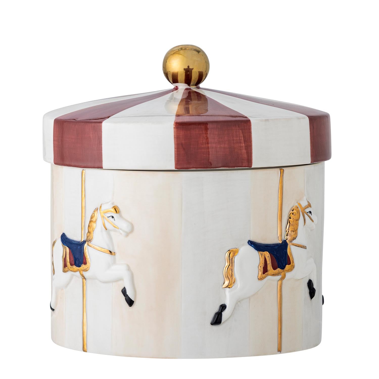 Das rote Merry-go-round Gefäss aus Steingut von Bloomingville besticht durch handbemaltes Karussellmuster und goldene Details. Ideal für Lebensmittel.