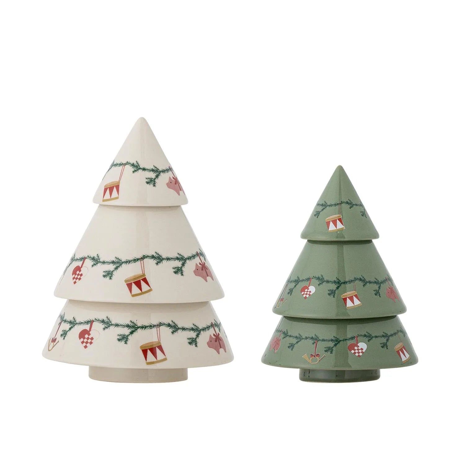 Zwei elegante Steingut-Weihnachtsbäume von Bloomingville, mit feinen Mustern, robust und stilvoll, für festliche Dekoration.
