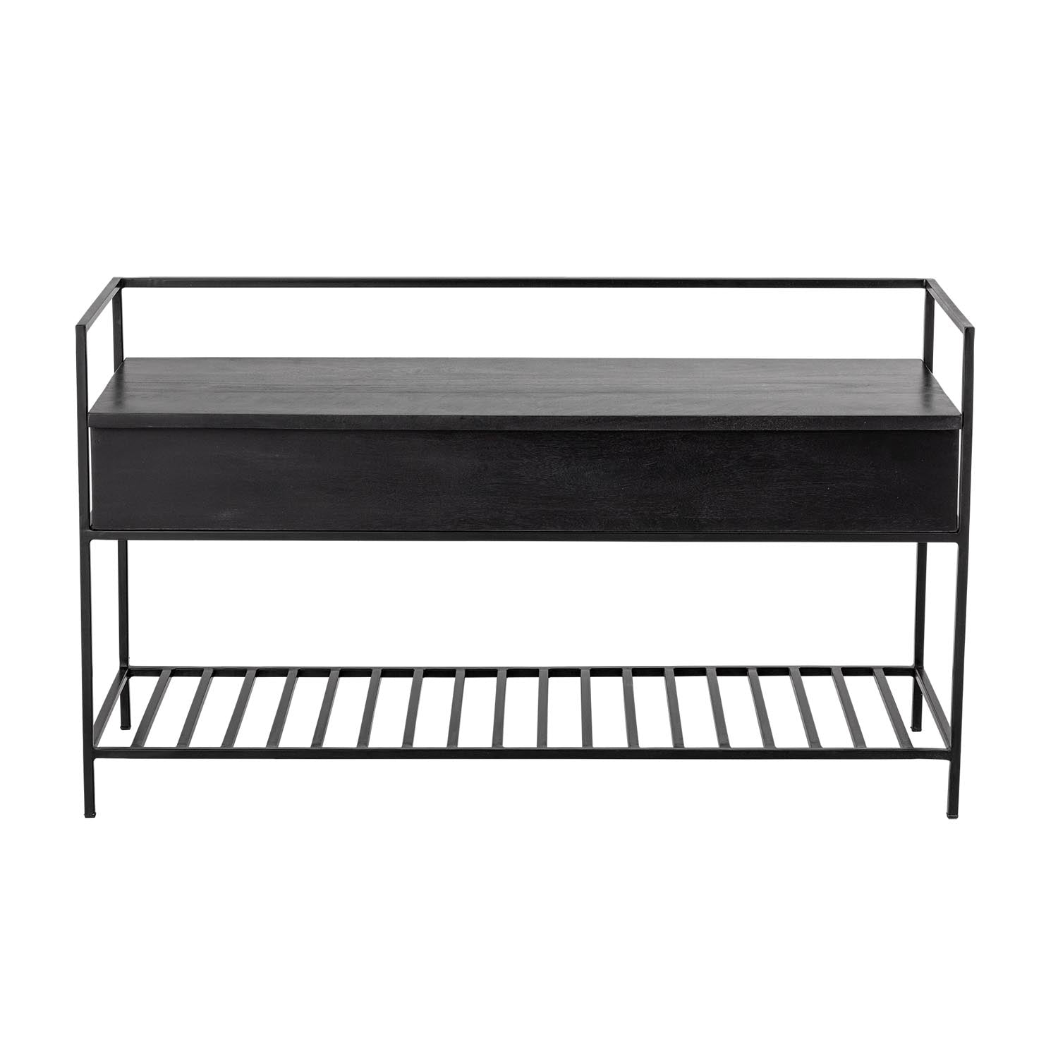 Elegante Abelone Bank aus 100% FSC-zertifiziertem Mangoholz, schwarz, mit Stauraum und Soft-Close-Deckel. Nachhaltig und stilvoll.