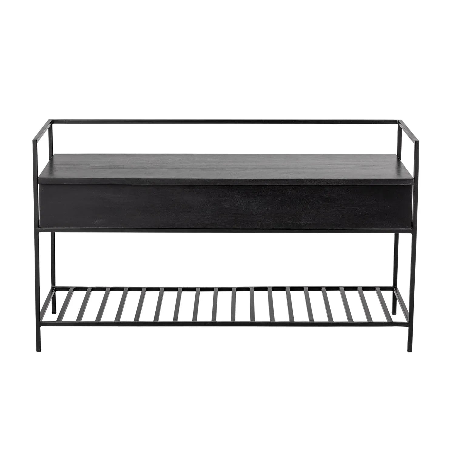 Elegante Abelone Bank aus 100% FSC-zertifiziertem Mangoholz, schwarz, mit Stauraum und Soft-Close-Deckel. Nachhaltig und stilvoll.