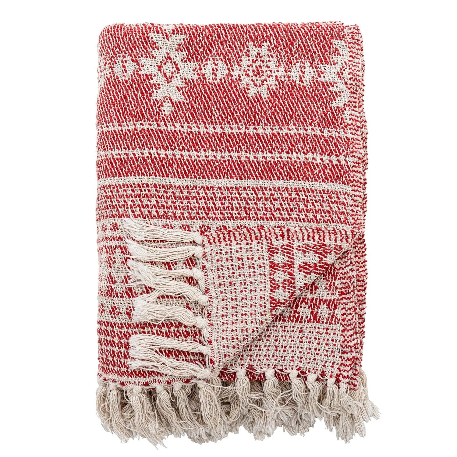 Die Oia Decke von Bloomingville: Rotes, gewebtes Muster aus recycelter Baumwolle, elegant mit Fransen, nachhaltig und stilvoll.