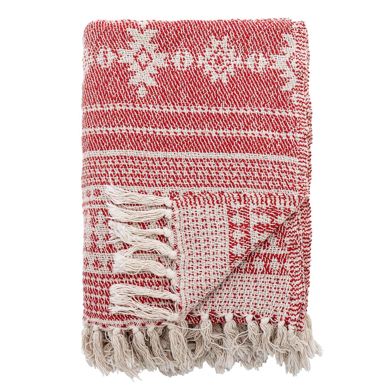 Die Oia Decke von Bloomingville: Rotes, gewebtes Muster aus recycelter Baumwolle, elegant mit Fransen, nachhaltig und stilvoll.